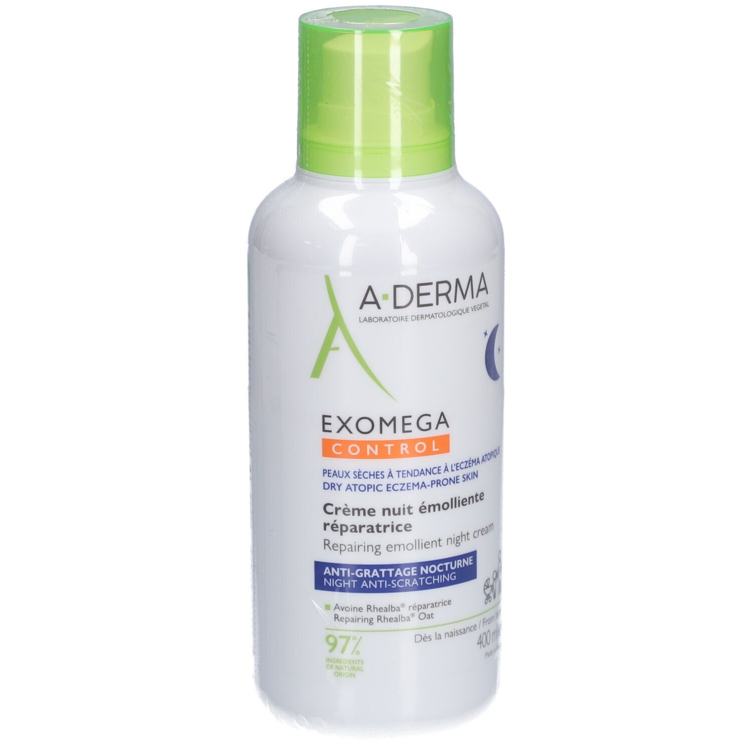 A-Derma Exomega Control Nachtcreme. Weiße Flasche mit grünem Deckel. Produktbeschriftung sichtbar.