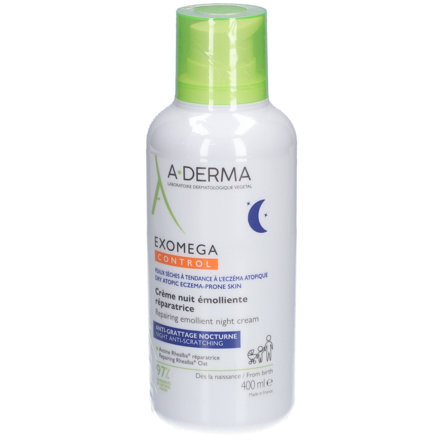 A-Derma Exomega Control Nachtcreme. Weiße Flasche mit grünem Deckel. Produktbeschriftung sichtbar.