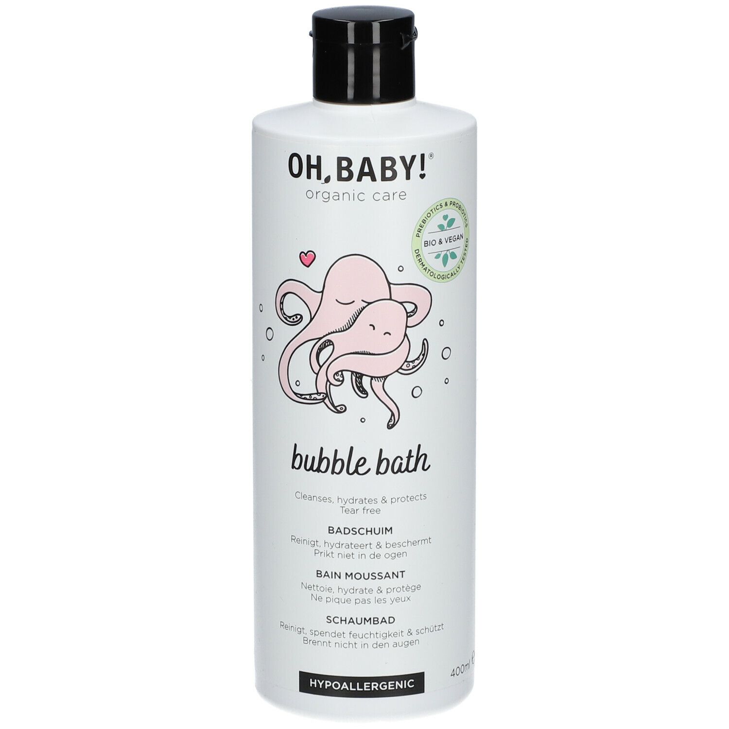 Witte fles met zwarte dop. Opschrift: Oh, Baby! Bubble Bath, roze octopus illustratie, bio-label.