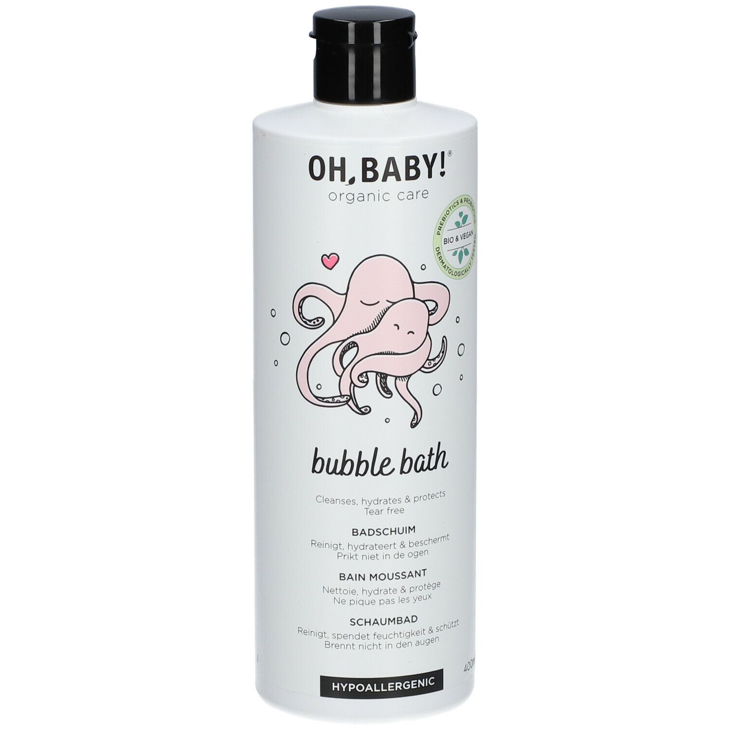 Witte fles, zwarte dop. Opschrift: Oh, Baby! Bubble Bath, roze octopus illustratie, bio-label.