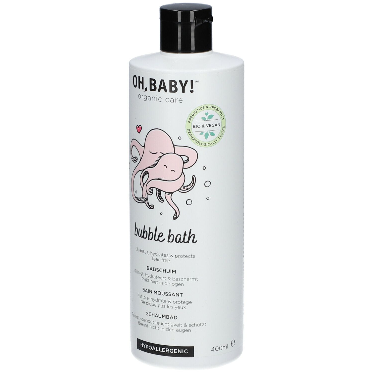 Witte fles met zwarte dop. Opschrift: Oh, Baby! Bubble Bath, roze octopus illustratie, bio-label.