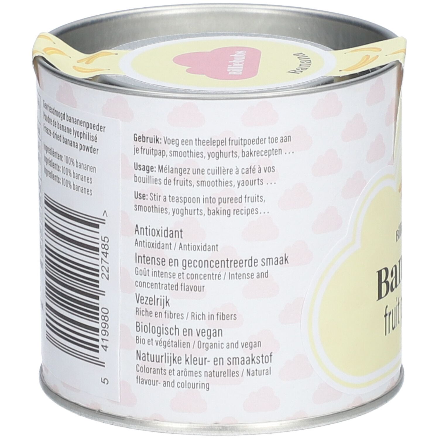 Rückseite der Dose Billiebubs Fruchtpulver Banane. Text in mehreren Sprachen, Barcode und Inhaltsstoffe.
