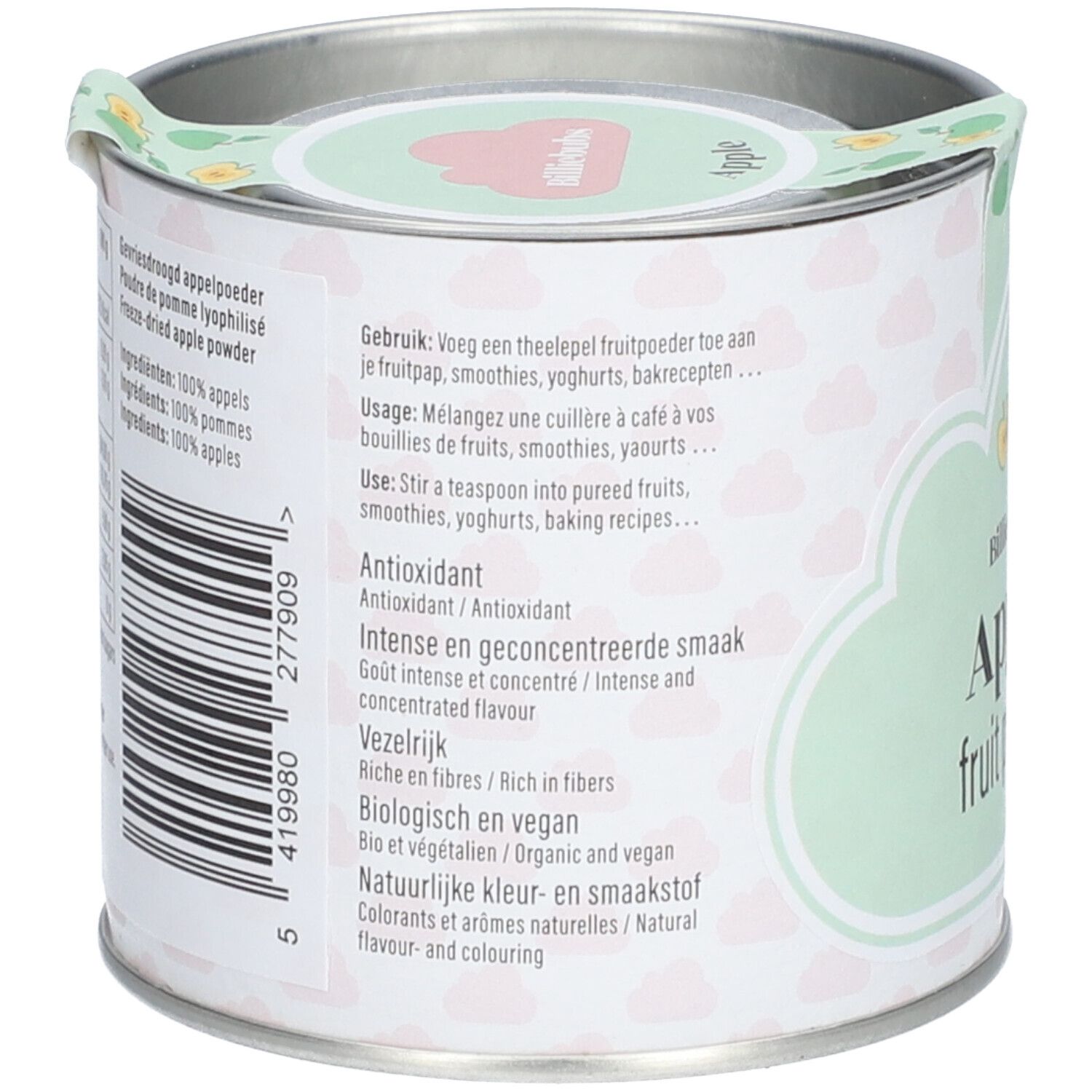 Dos de la boîte. Texte multilingue. Informations sur les ingrédients, l'utilisation et la valeur nutritionnelle. Code-barres.