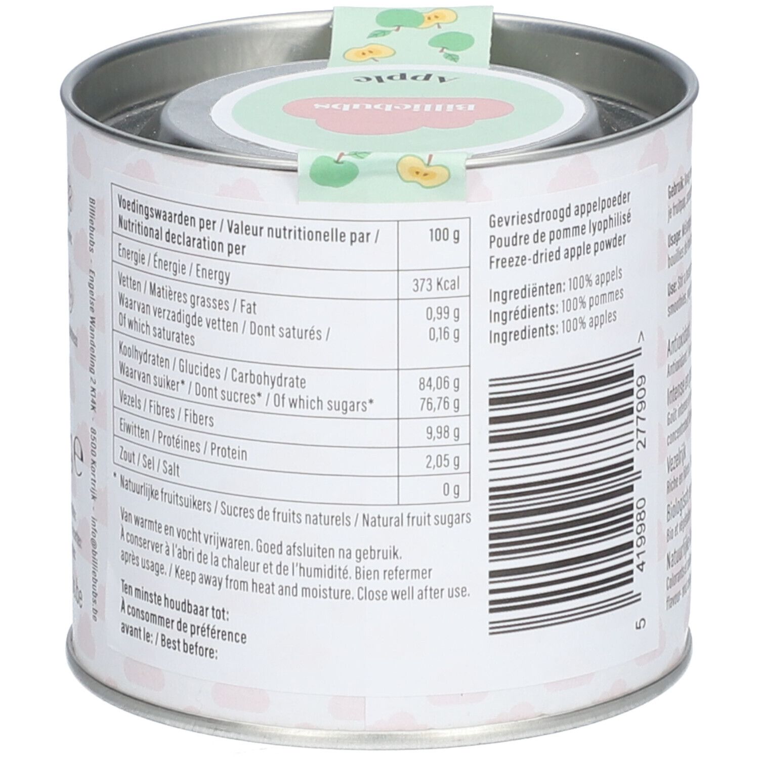 Boîte avec informations nutritionnelles multilingues. Détails sur l'énergie, les graisses, les glucides, les protéines et le sel.