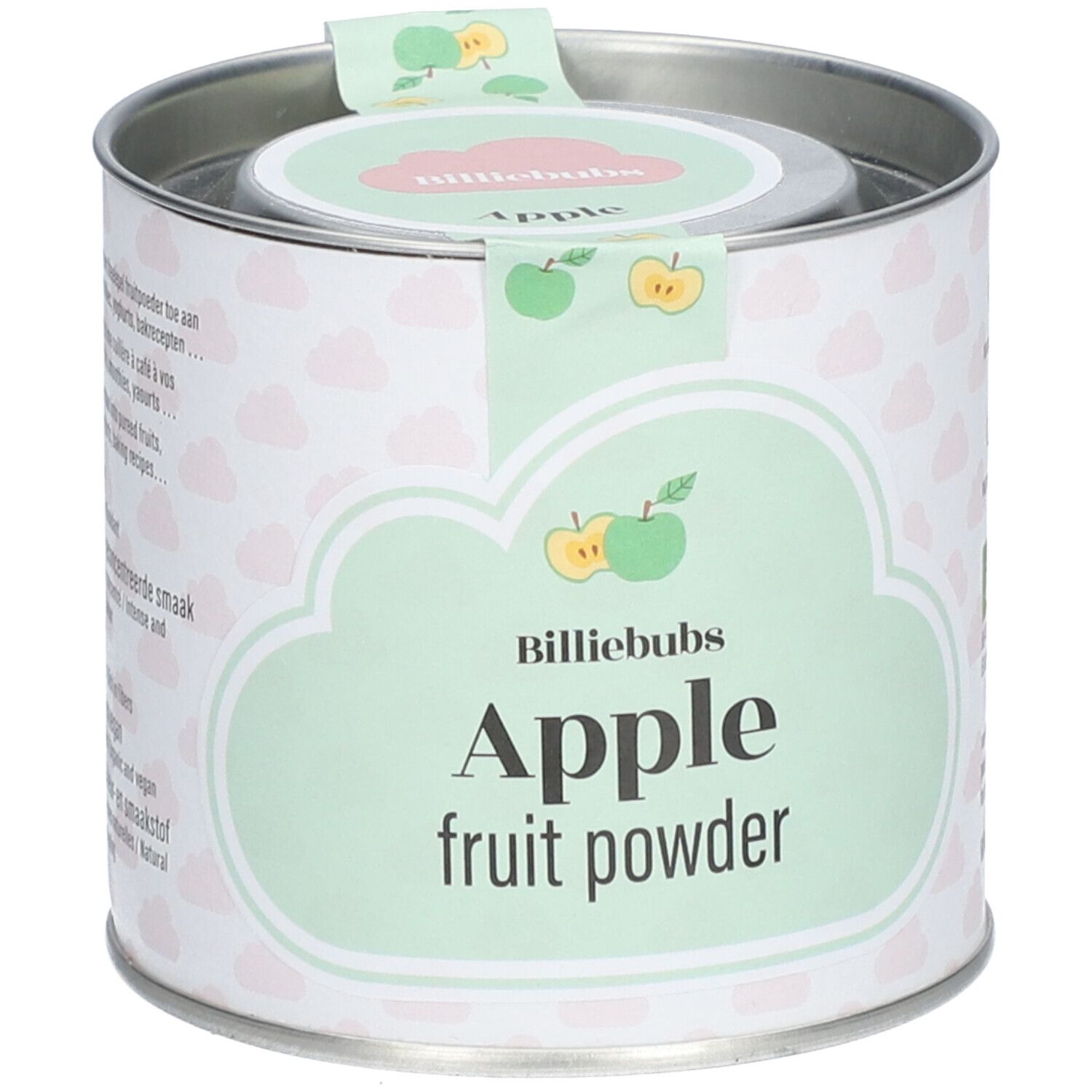 Boîte ronde "Billiebubs Apple fruit powder". Emballage vert et blanc avec illustrations de pommes. Couvercle avec logo.