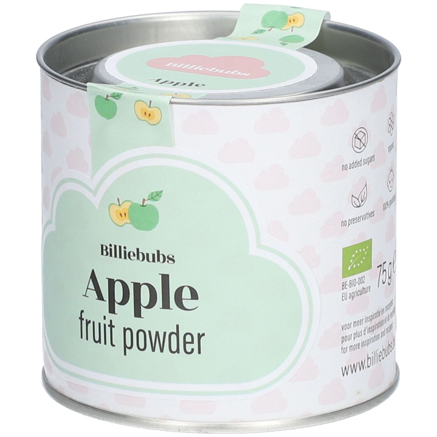 Boîte "Billiebubs Apple fruit powder". Emballage vert et blanc. Contient 75g. Label bio et agriculture UE.