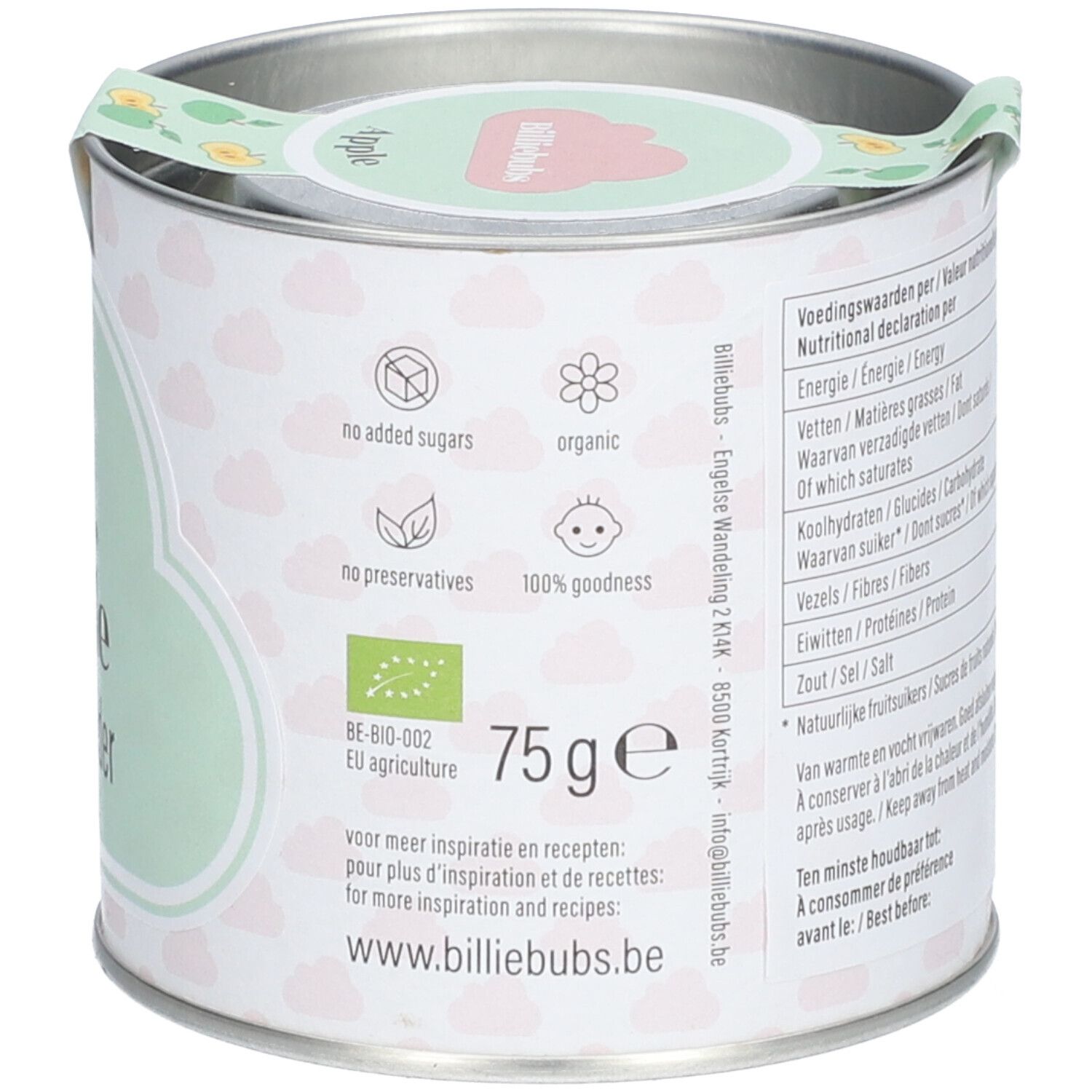 Dos de la boîte. Ingrédients, label bio, 75g. Sans sucres ajoutés, sans conservateurs.