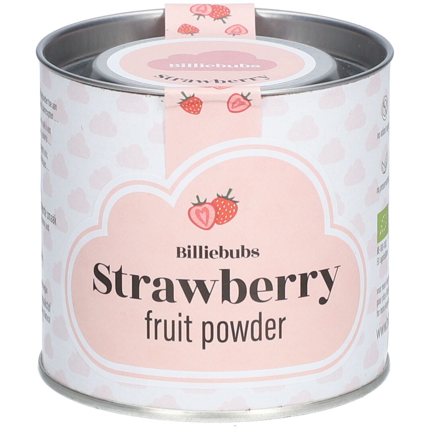Boîte de poudre de fruits à la fraise. Étiquette rose avec "Billiebubs Strawberry fruit powder". Couvercle avec fraises.