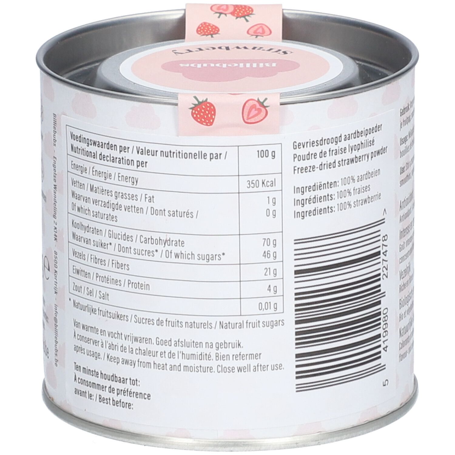 Boîte avec informations nutritionnelles. Contient des informations sur les calories, les graisses, les glucides, les sucres, les fibres, les protéines et le sel.