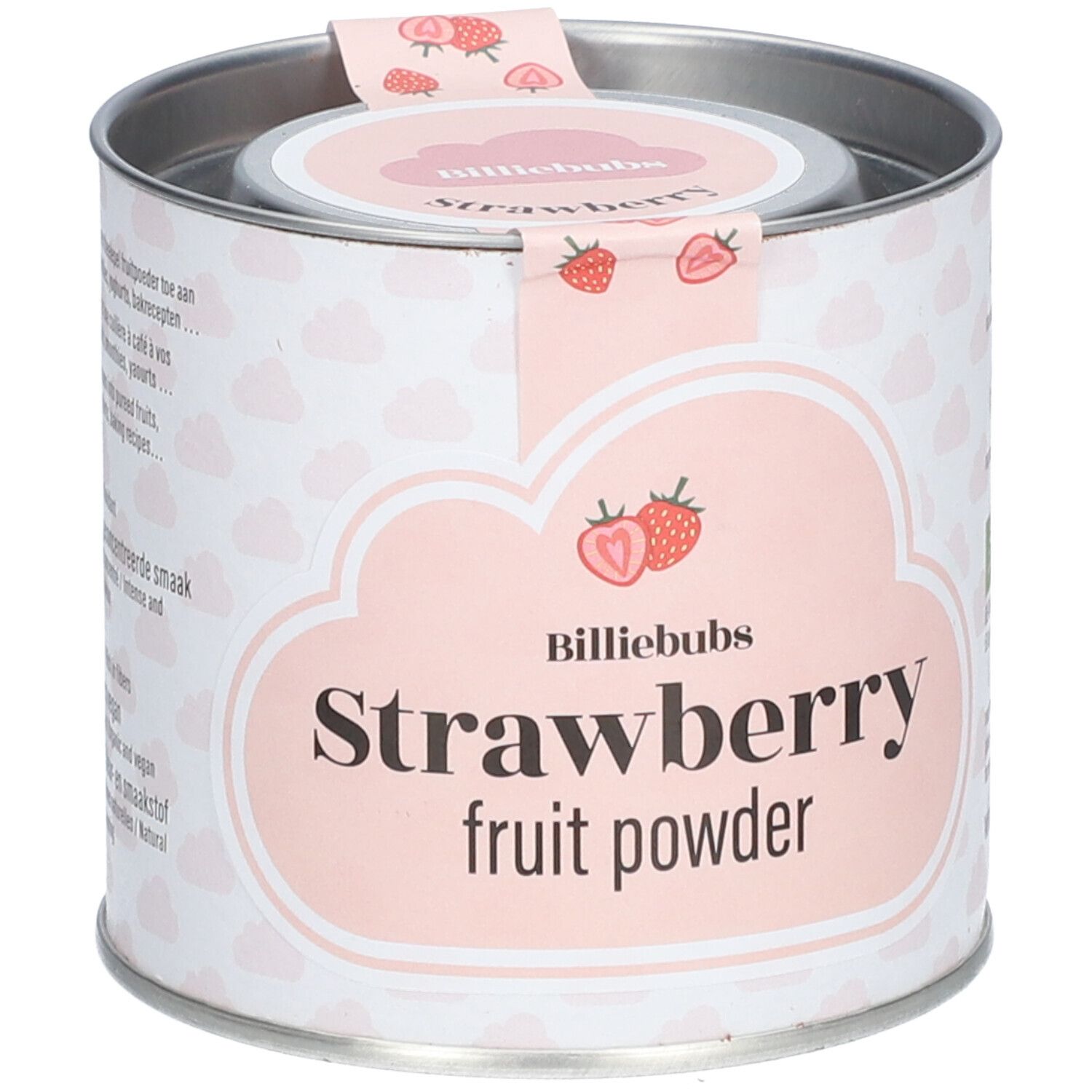 Boîte de poudre de fruits à la fraise. Étiquette rose avec "Billiebubs Strawberry fruit powder". Couvercle avec fraises.