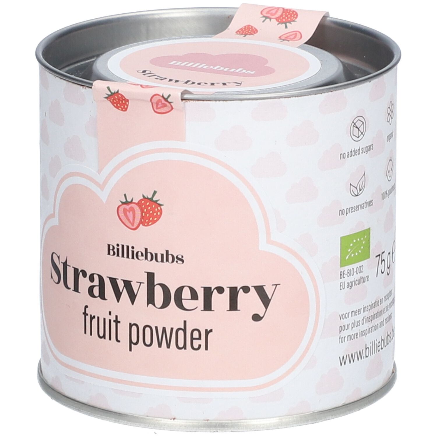 Boîte de poudre de fruits à la fraise. Étiquette rose avec "Billiebubs Strawberry fruit powder". 75g, label bio.