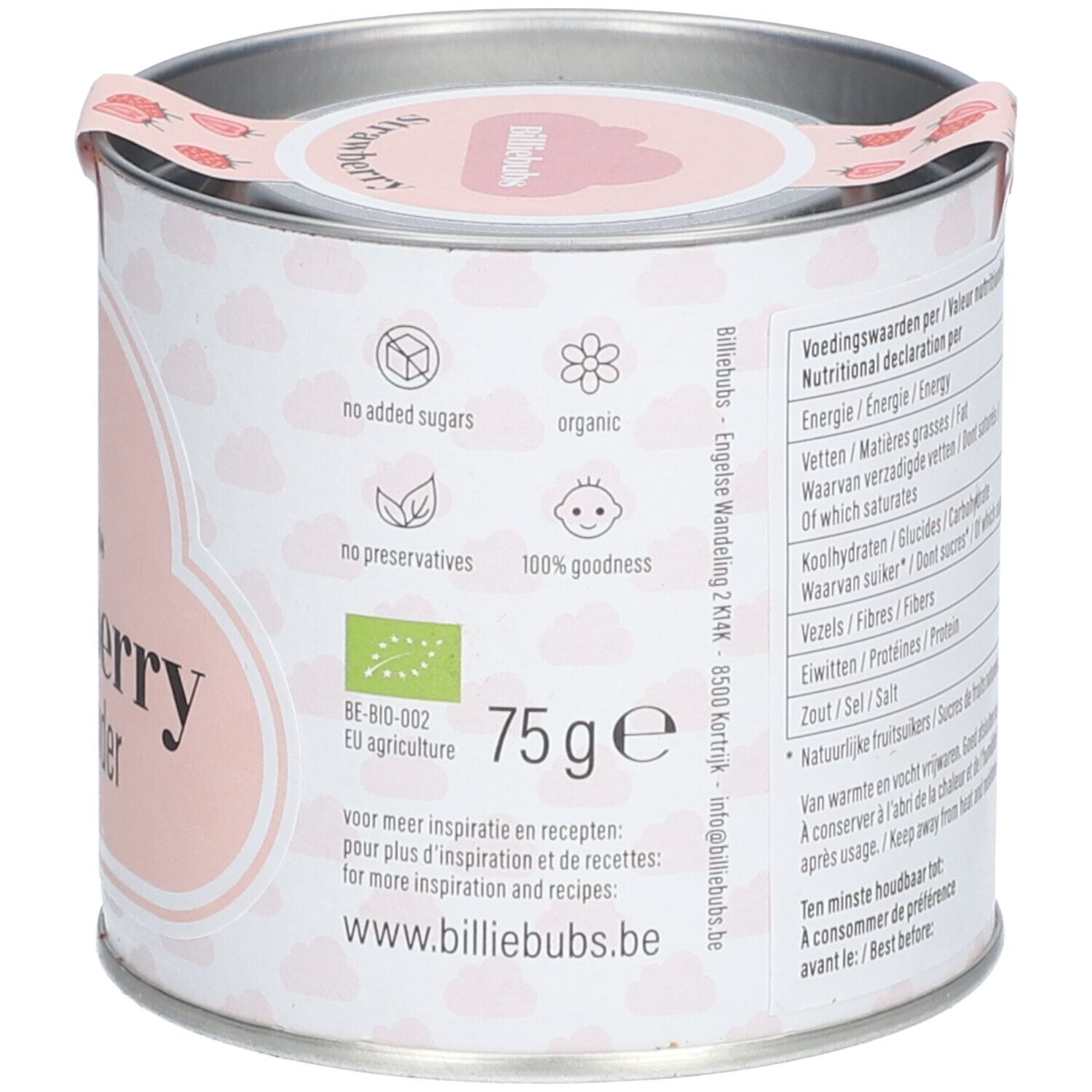 Boîte de poudre de fruits à la fraise. Étiquette rose avec "Strawberry fruit powder". 75g, label bio, 100% goodness.