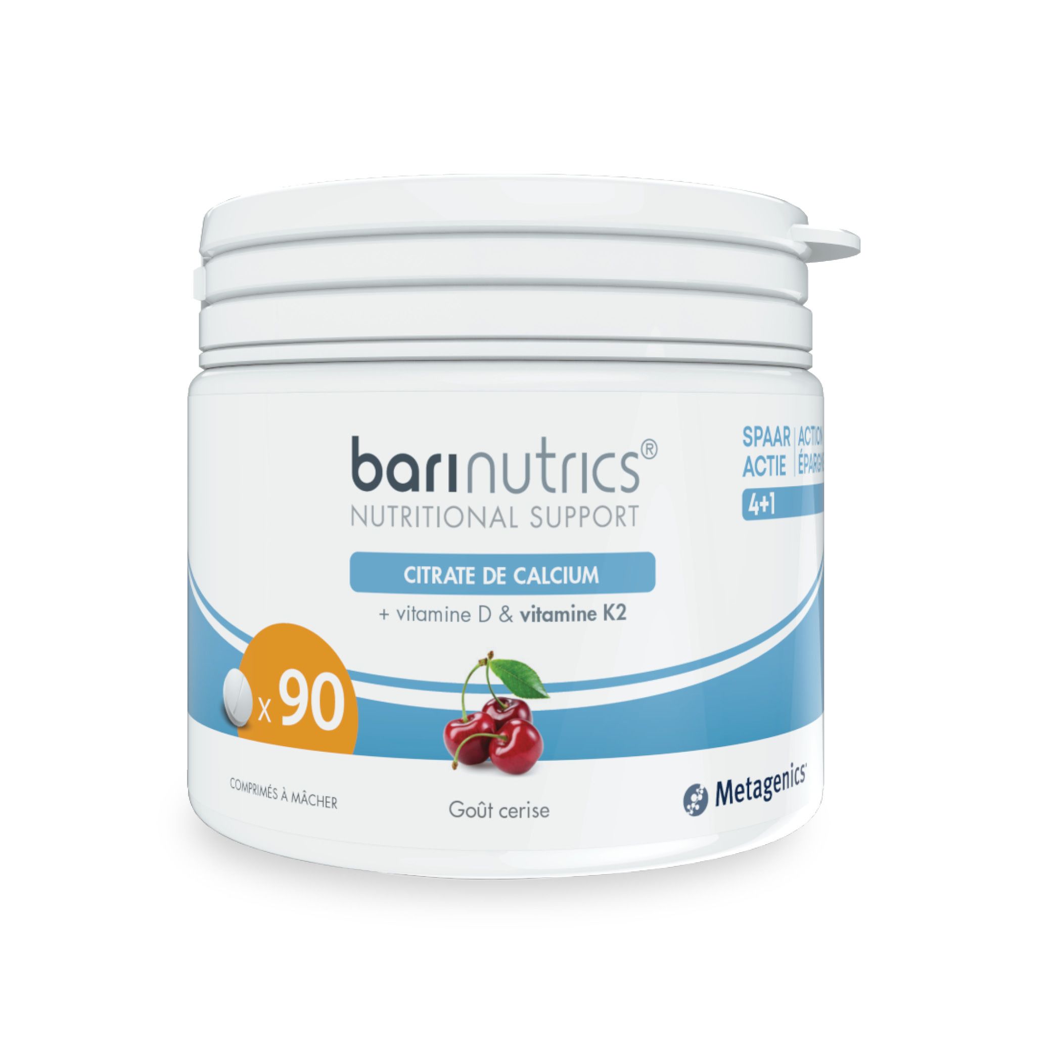 Pot blanc avec logo BariNutrics et cerises. Contient citrate de calcium, vitamine D & K2. 90 comprimés.