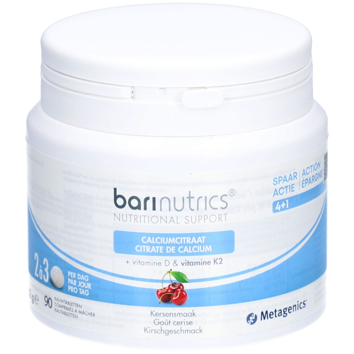 Pot blanc avec logo BariNutrics et cerises. Contient citrate de calcium, vitamine D & K2. 90 comprimés.