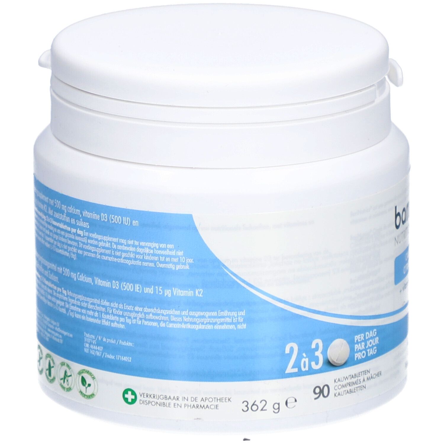 Dos du pot blanc avec texte. Contient des informations sur le calcium, la vitamine D3 et K2. 90 comprimés.