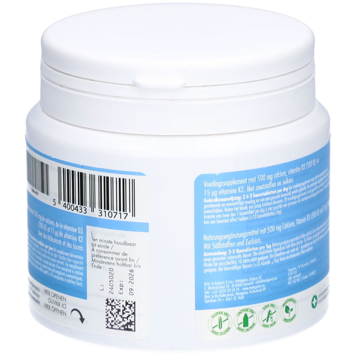 Dos du pot blanc avec code-barres et texte. Contient des informations sur le calcium, la vitamine D3 et K2. 90 comprimés.