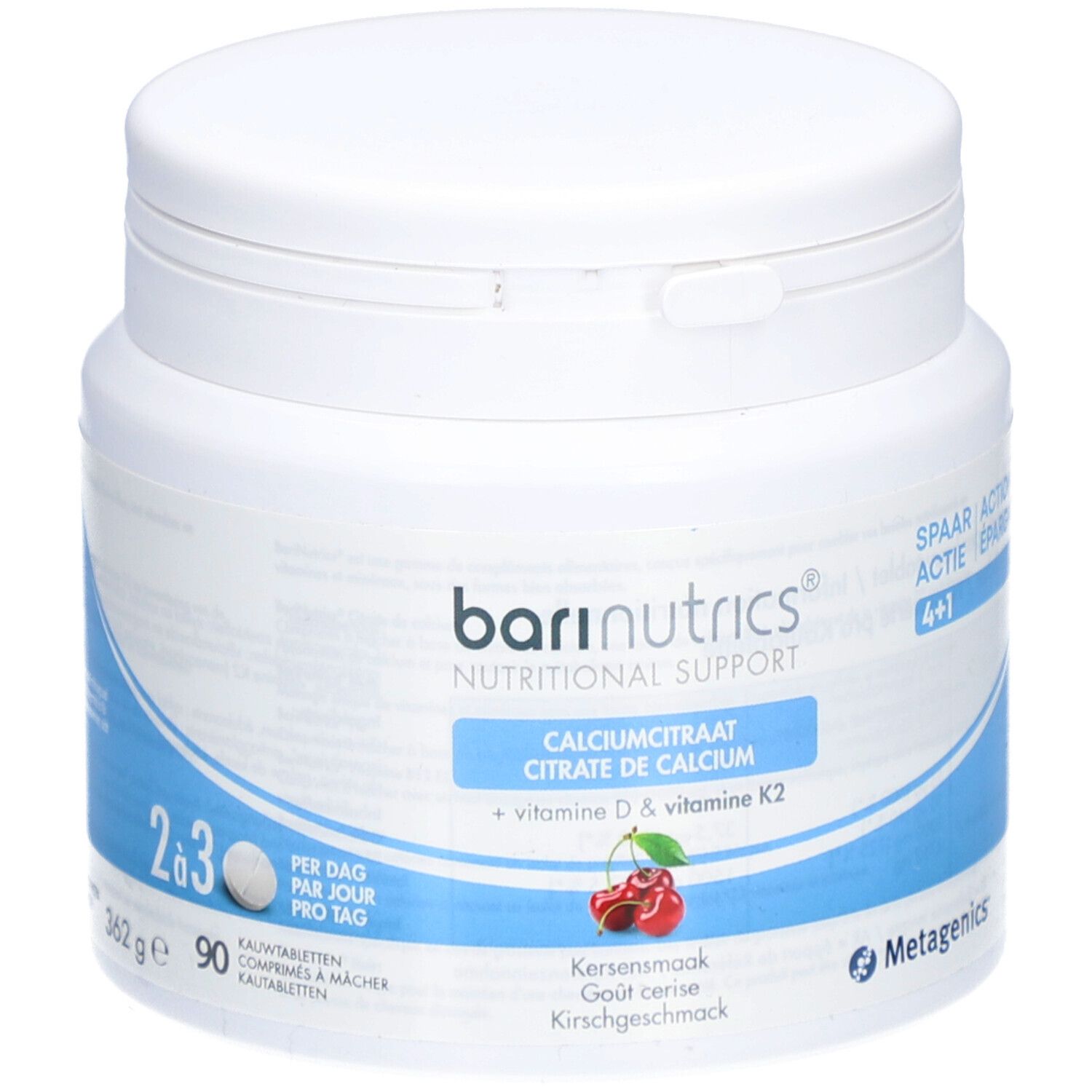 Pot blanc avec logo BariNutrics et cerises. Contient citrate de calcium, vitamine D & K2. 90 comprimés.
