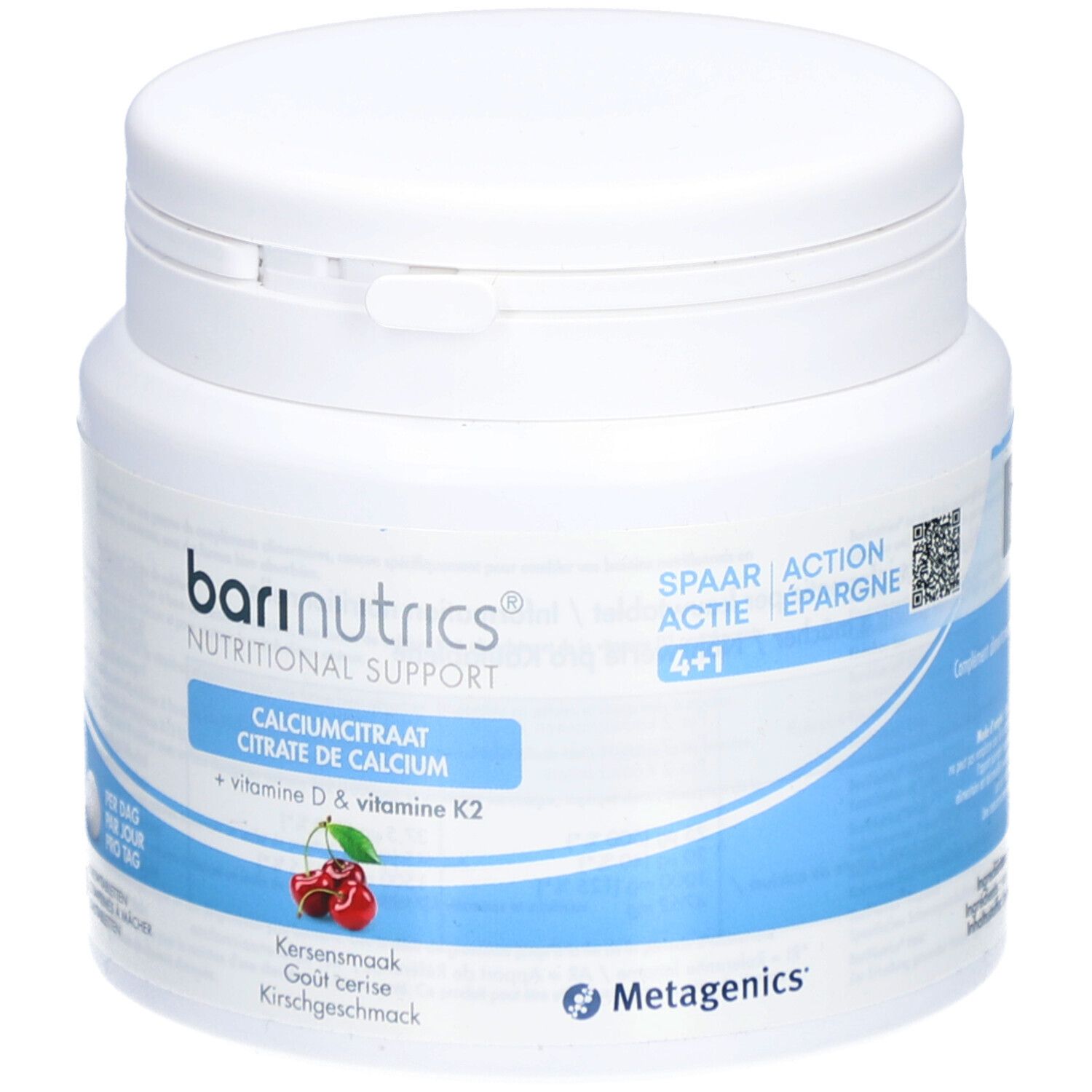 Pot blanc avec logo BariNutrics et cerises. Contient citrate de calcium, vitamine D & K2. 90 comprimés.