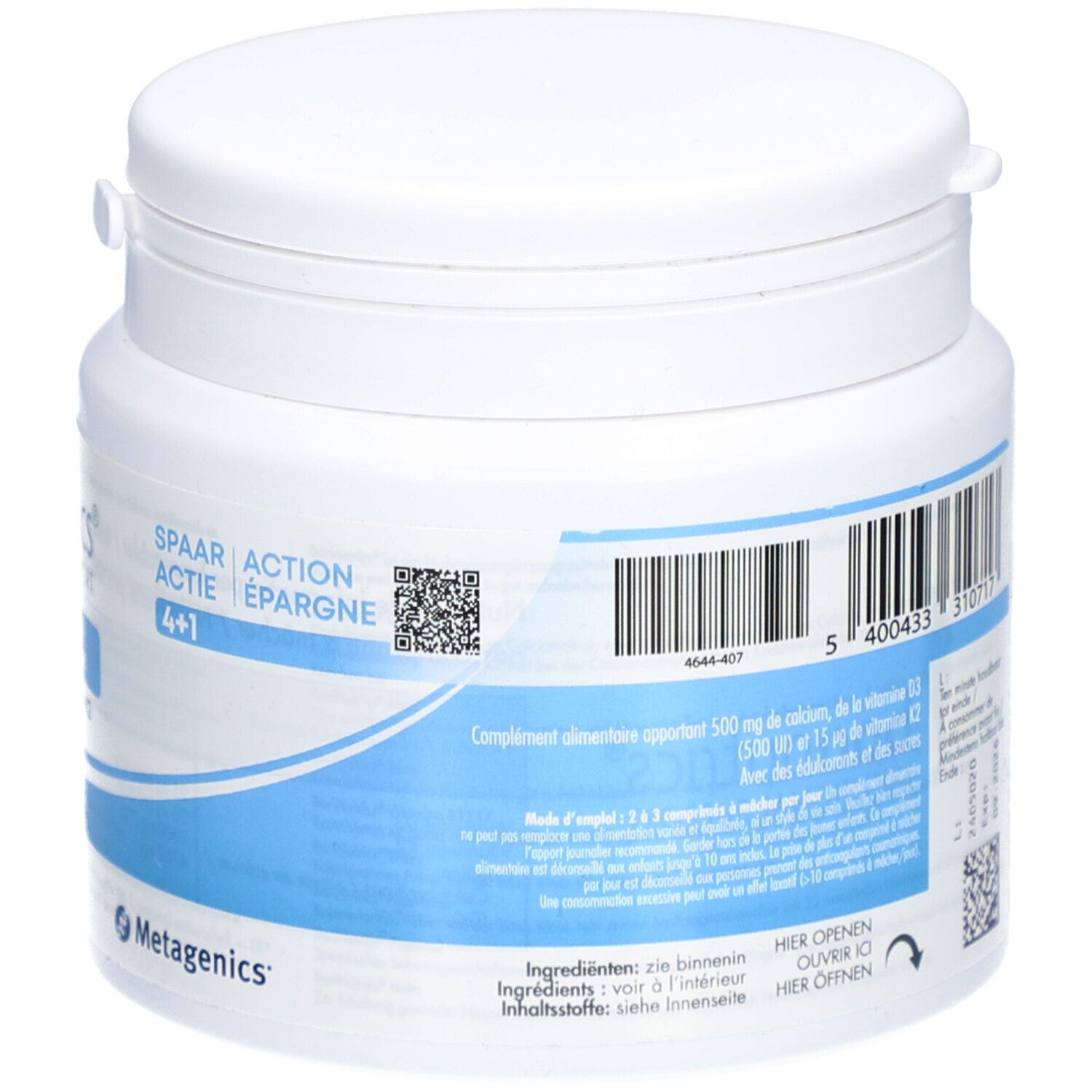 Dos du pot blanc avec texte et code QR. Contient des informations sur le calcium, la vitamine D3 et K2. 90 comprimés.