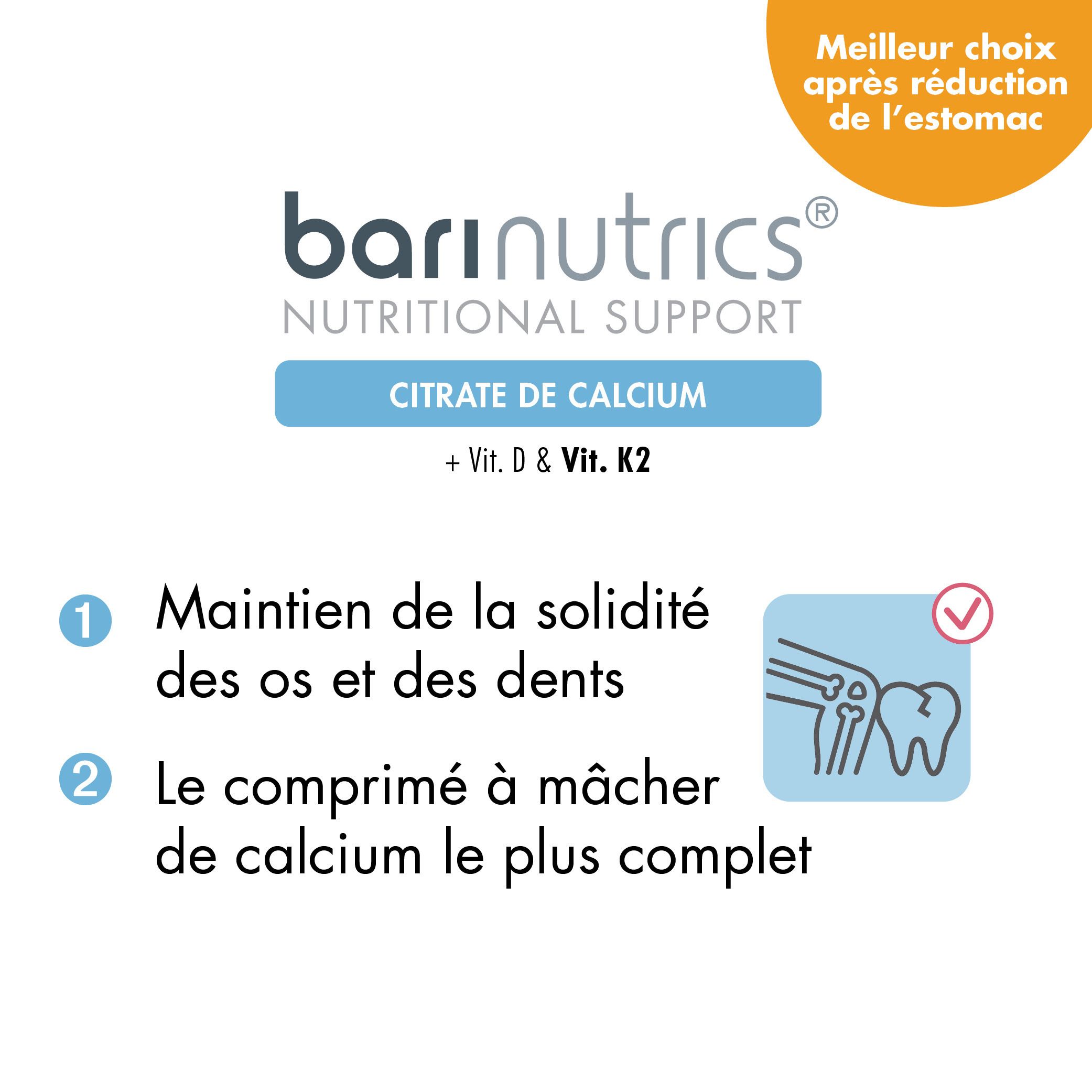 Logo BariNutrics, texte: Citrate de Calcium + Vit. D & Vit. K2. Texte: Maintien de la solidité des os et des dents.