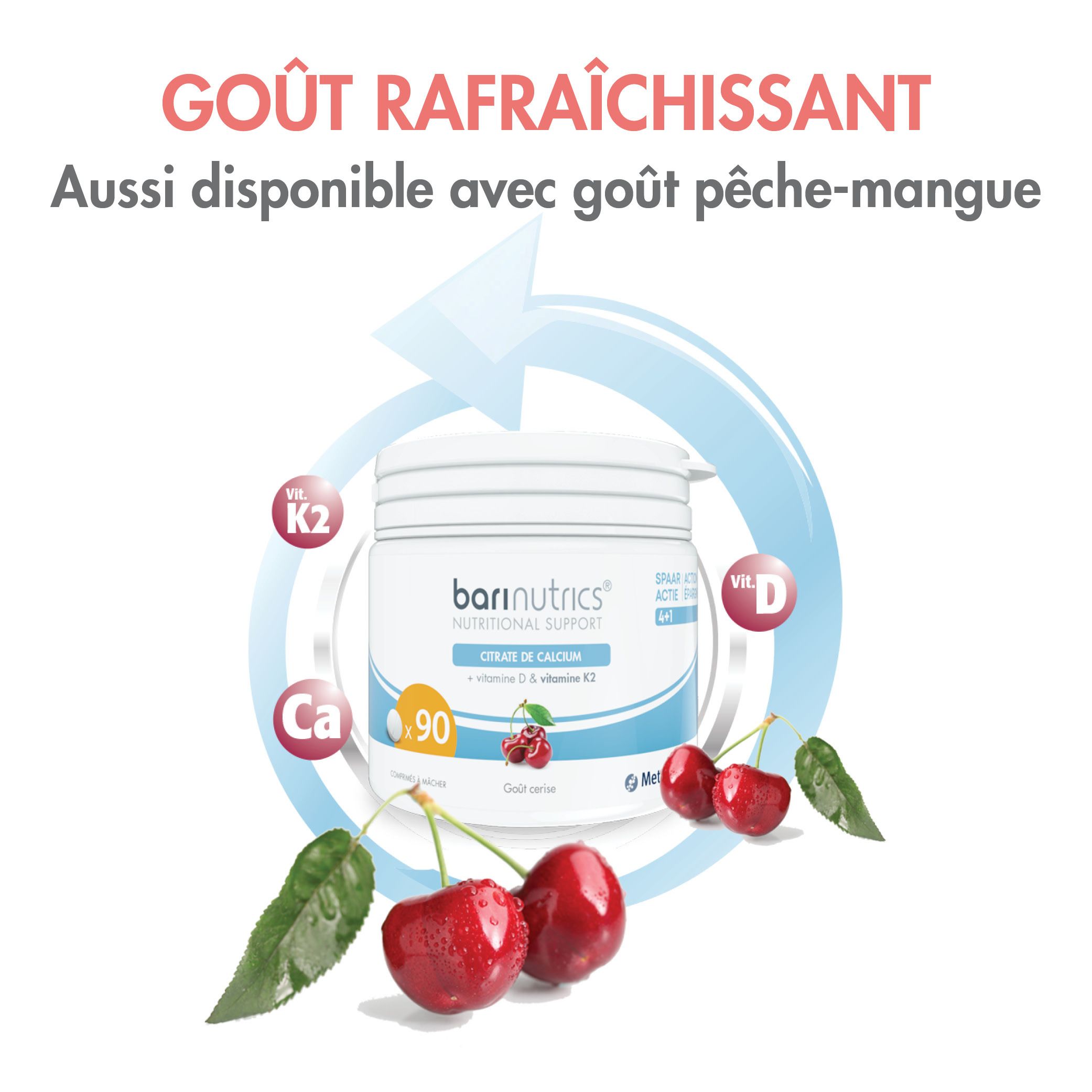 Image: Pot BariNutrics avec cerises. Texte: Goût rafraîchissant. Également disponible au goût pêche-mangue.