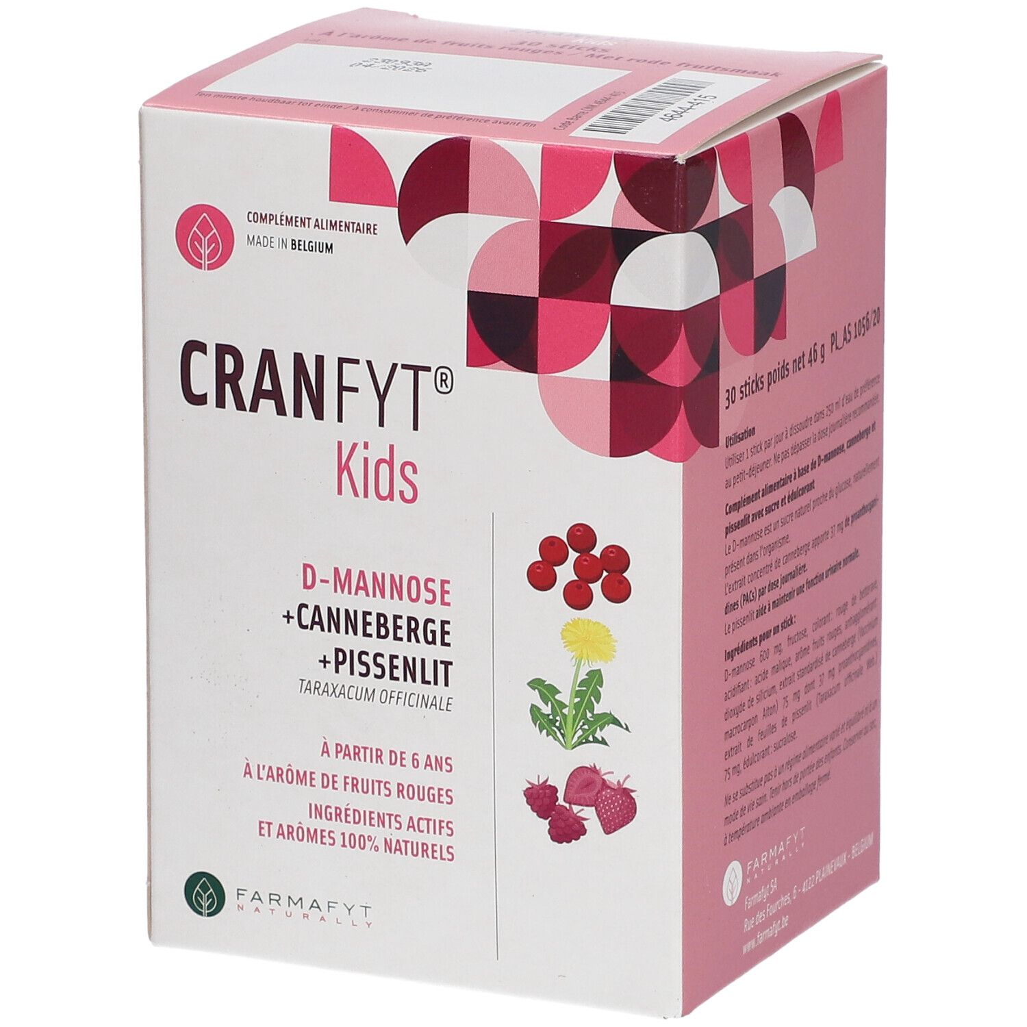 Kartonverpackung mit CRANFYT® Kids. Enthält 30 Sticks. Aufschrift: D-Mannose, Cranberry, Löwenzahn. Mit roten Früchten Geschmack.