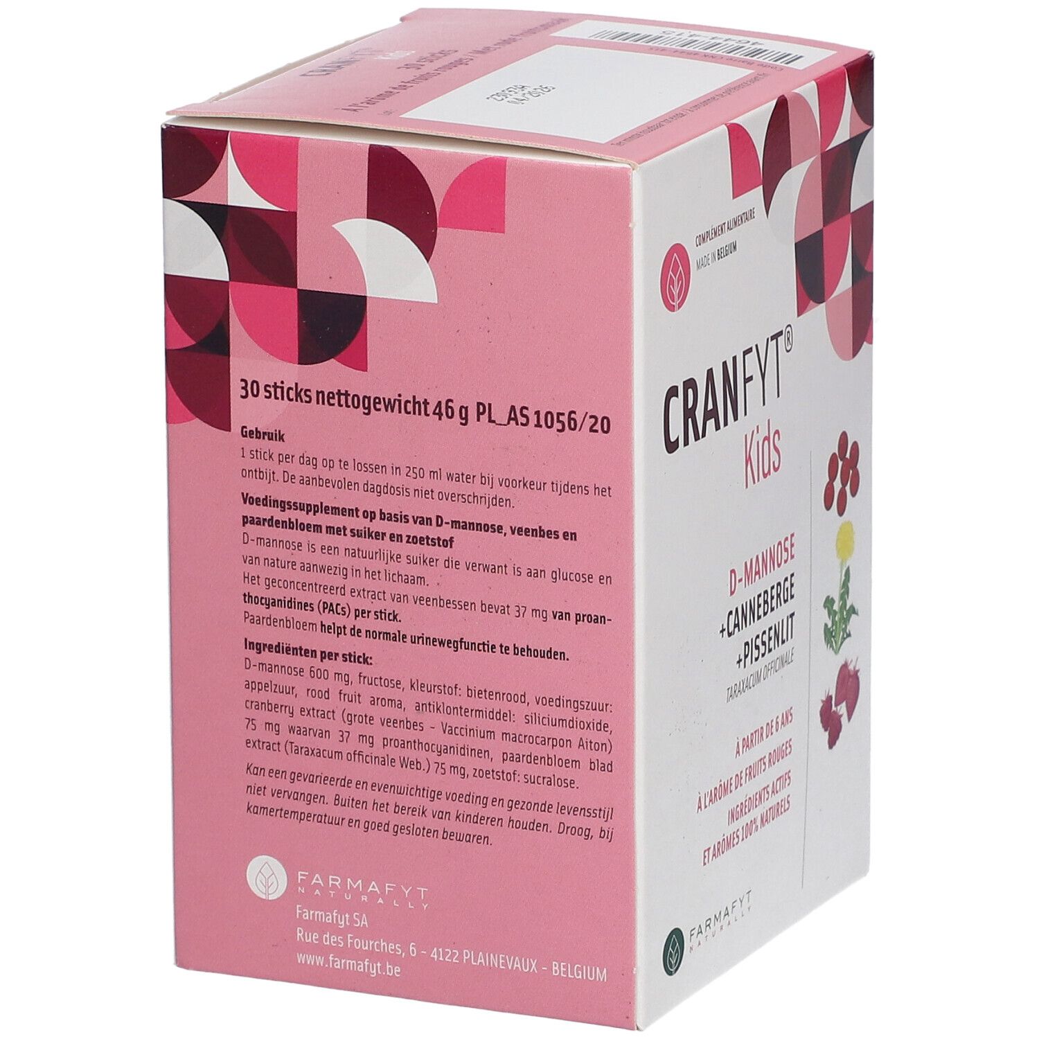 Rückseite der CRANFYT® Kids Verpackung. Enthält Informationen zu Inhaltsstoffen und Anwendung. 30 Sticks, 46 g.
