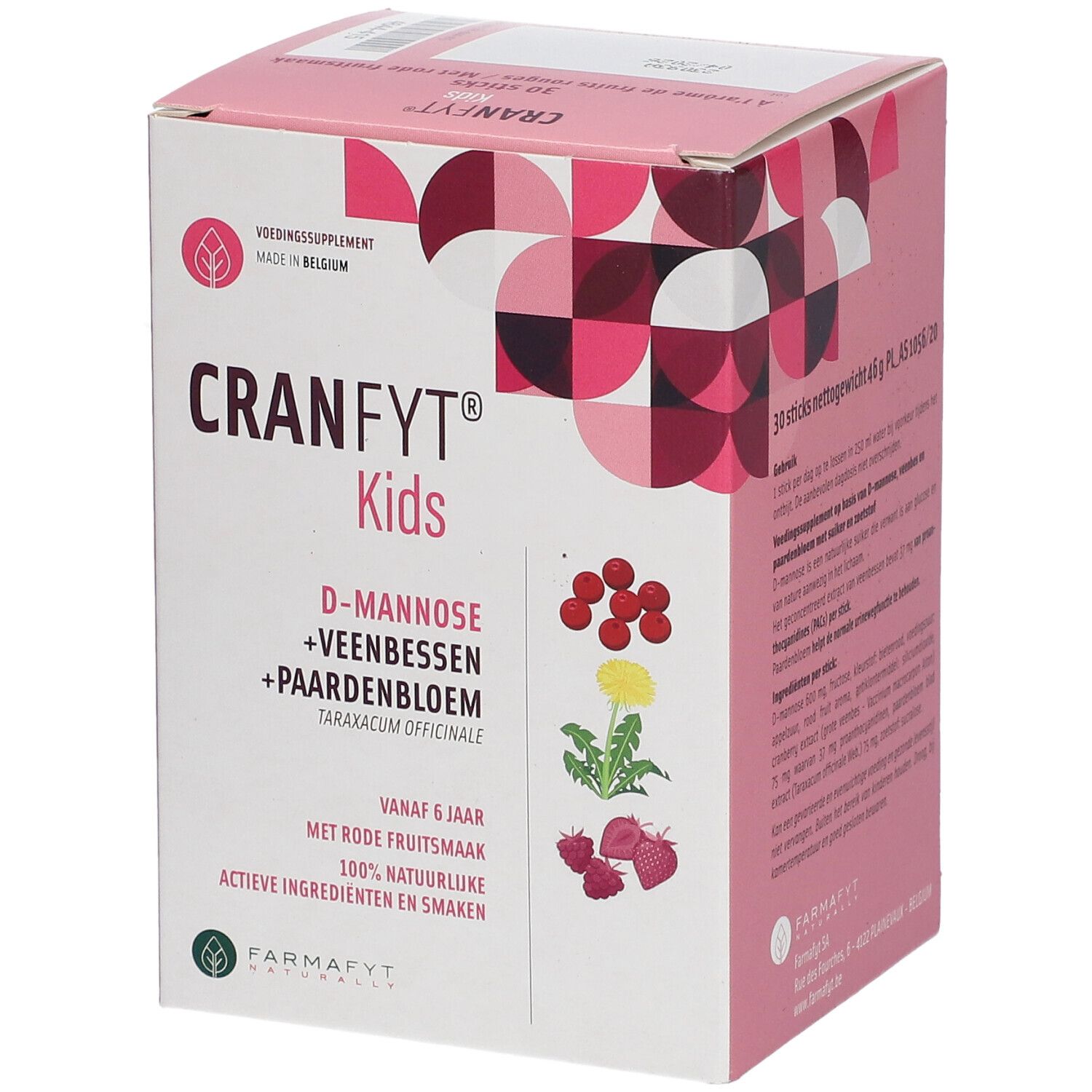 CRANFYT® Kids Verpackung. Enthält D-Mannose, Cranberry, Löwenzahn. Mit roten Früchten Geschmack. Für Kinder ab 6 Jahren.