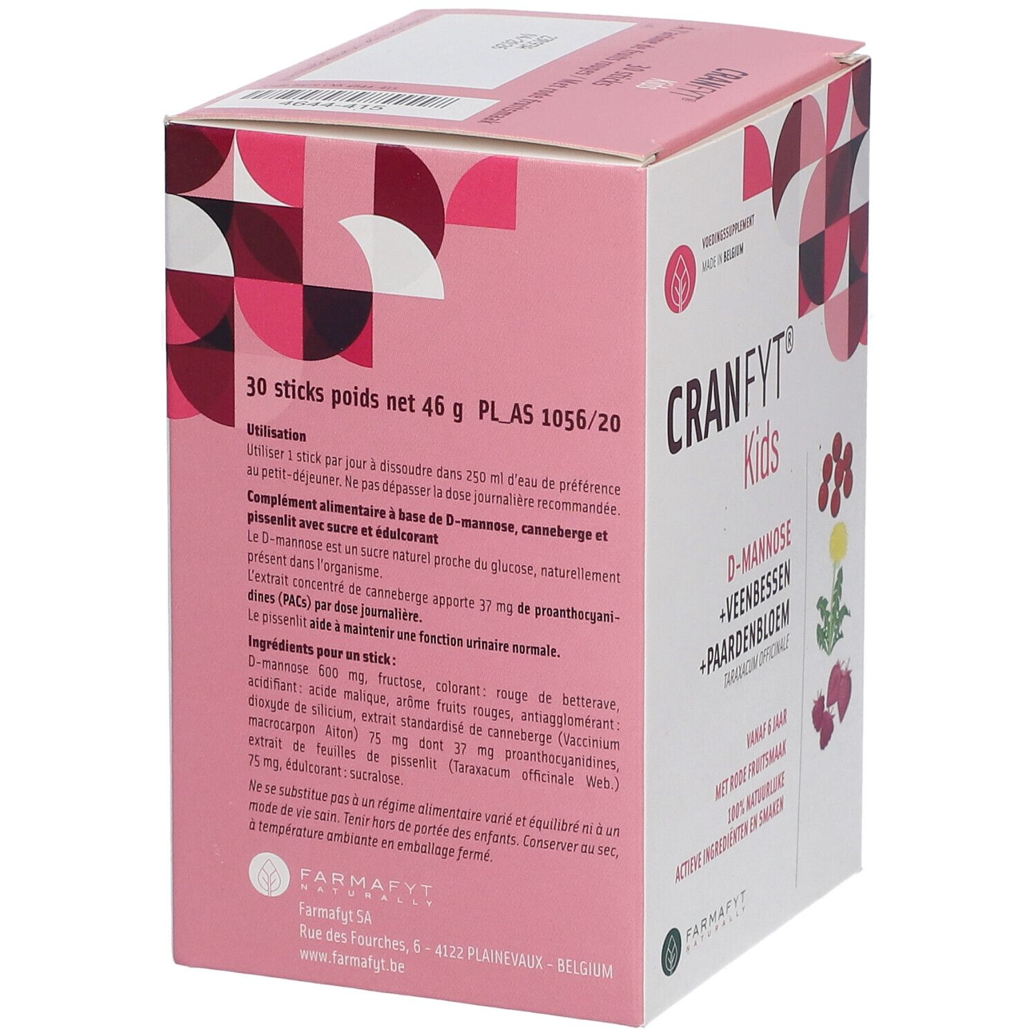 CRANFYT® Kids Verpackung. Enthält Informationen zu Inhaltsstoffen und Anwendung. 30 Sticks, 46 g.