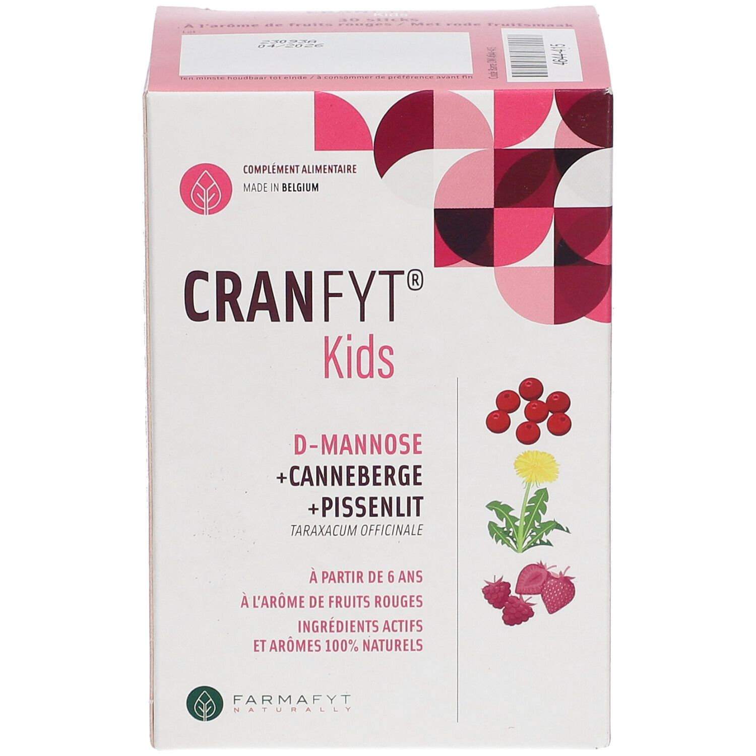 CRANFYT® Kids Verpackung. Enthält D-Mannose, Cranberry, Löwenzahn. Mit roten Früchten Geschmack. Für Kinder ab 6 Jahren.