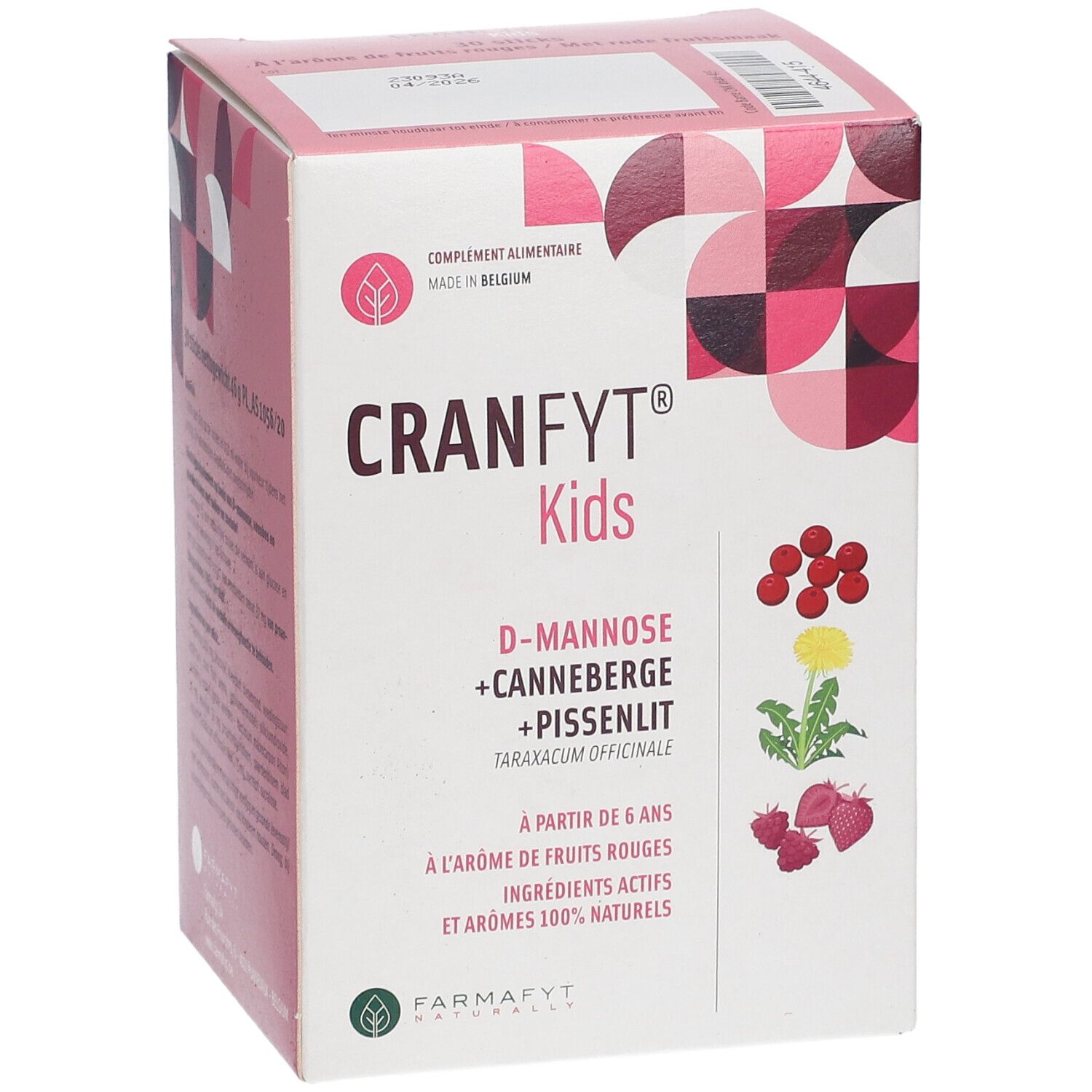 CRANFYT® Kids Verpackung. Enthält D-Mannose, Cranberry, Löwenzahn. Mit roten Früchten Geschmack. Für Kinder ab 6 Jahren.