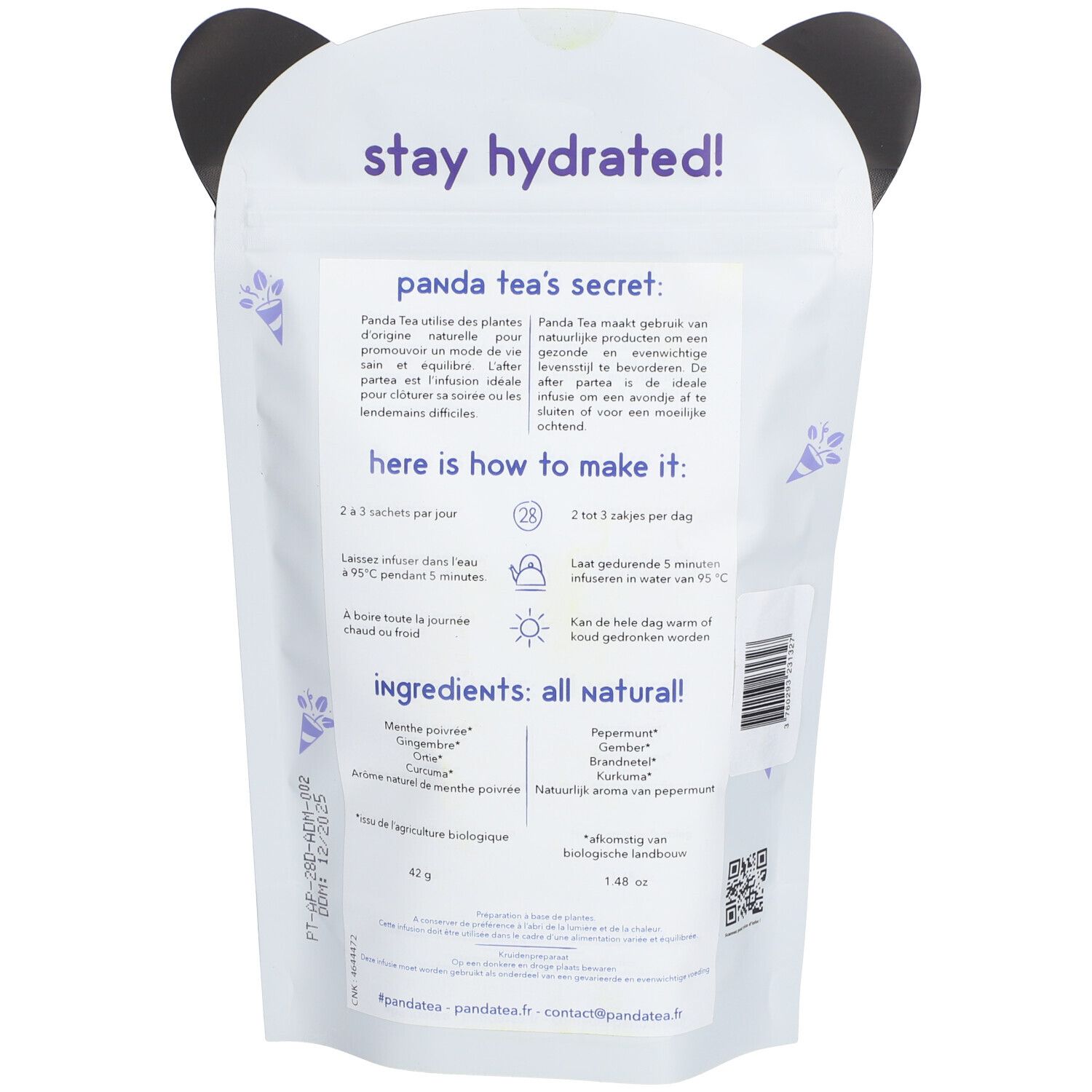 Dos du sachet Panda Tea. Texte: "stay hydrated!". Liste des ingrédients et instructions de préparation. Certification bio.