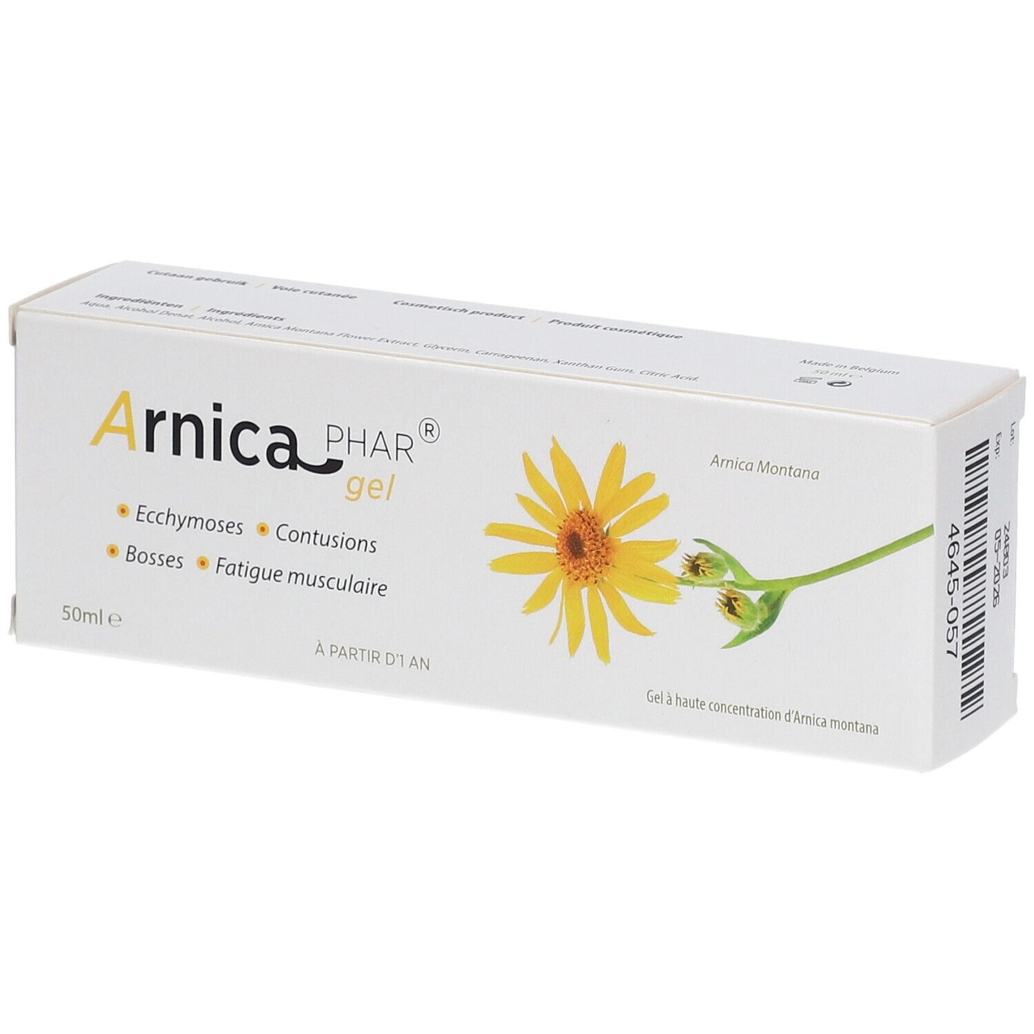 Doos met productnaam en gele bloem. Tekst: Arnica PHAR gel, Ecchymoses, Contusions, Bosses, Fatigue musculaire.