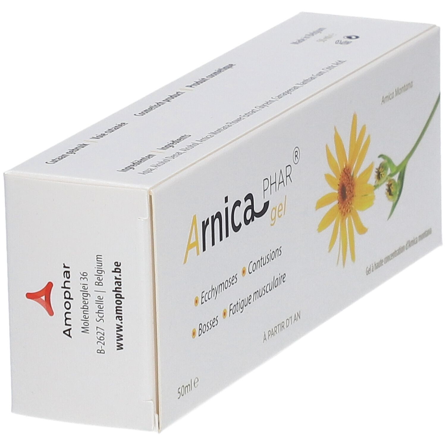 Doos met productnaam en gele bloem. Tekst: Arnica PHAR gel, Ecchymoses, Contusions, Bosses, Fatigue musculaire. Logo Amophar.