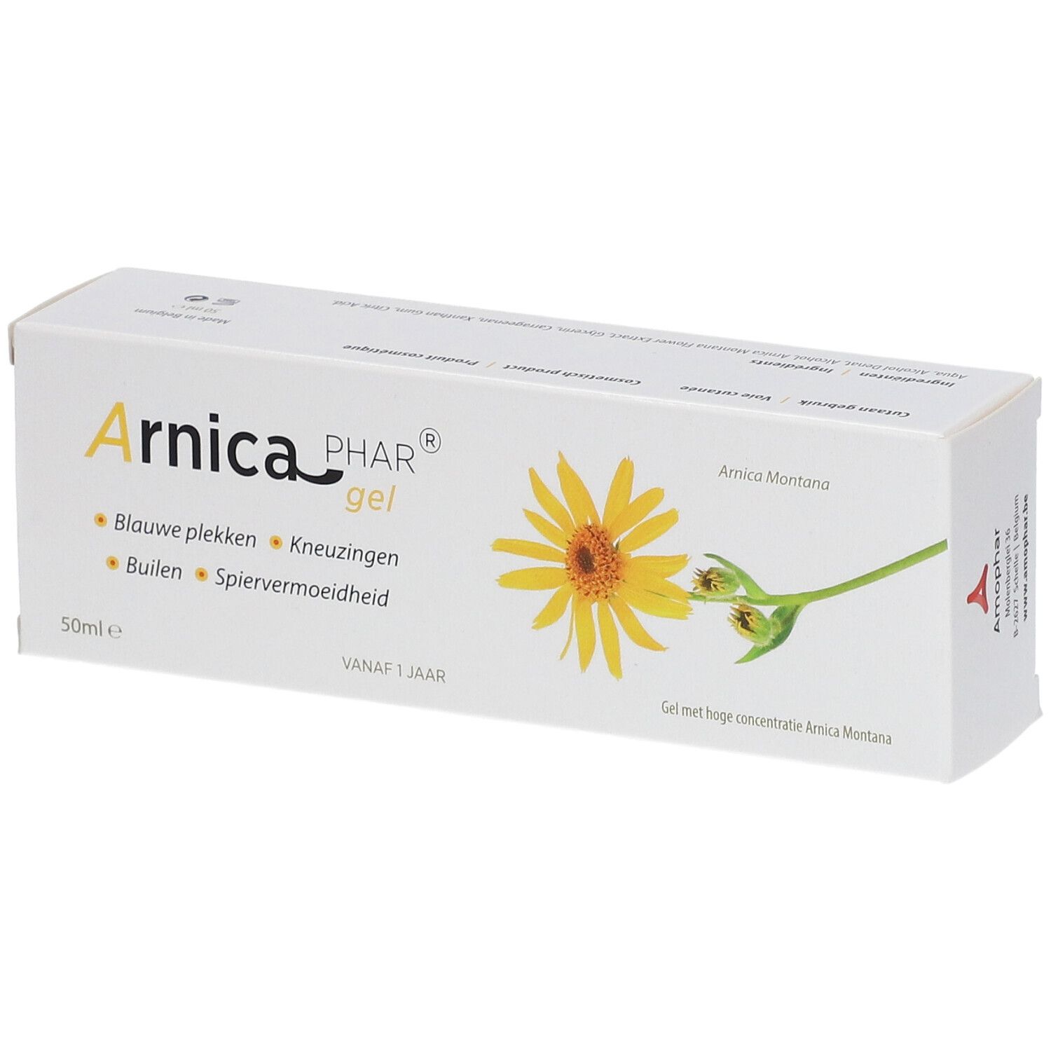 Doos met productnaam en gele bloem. Tekst: Arnica PHAR gel, Blaue plekken, Kneuzingen, Builen, Spiervermoeidheid.