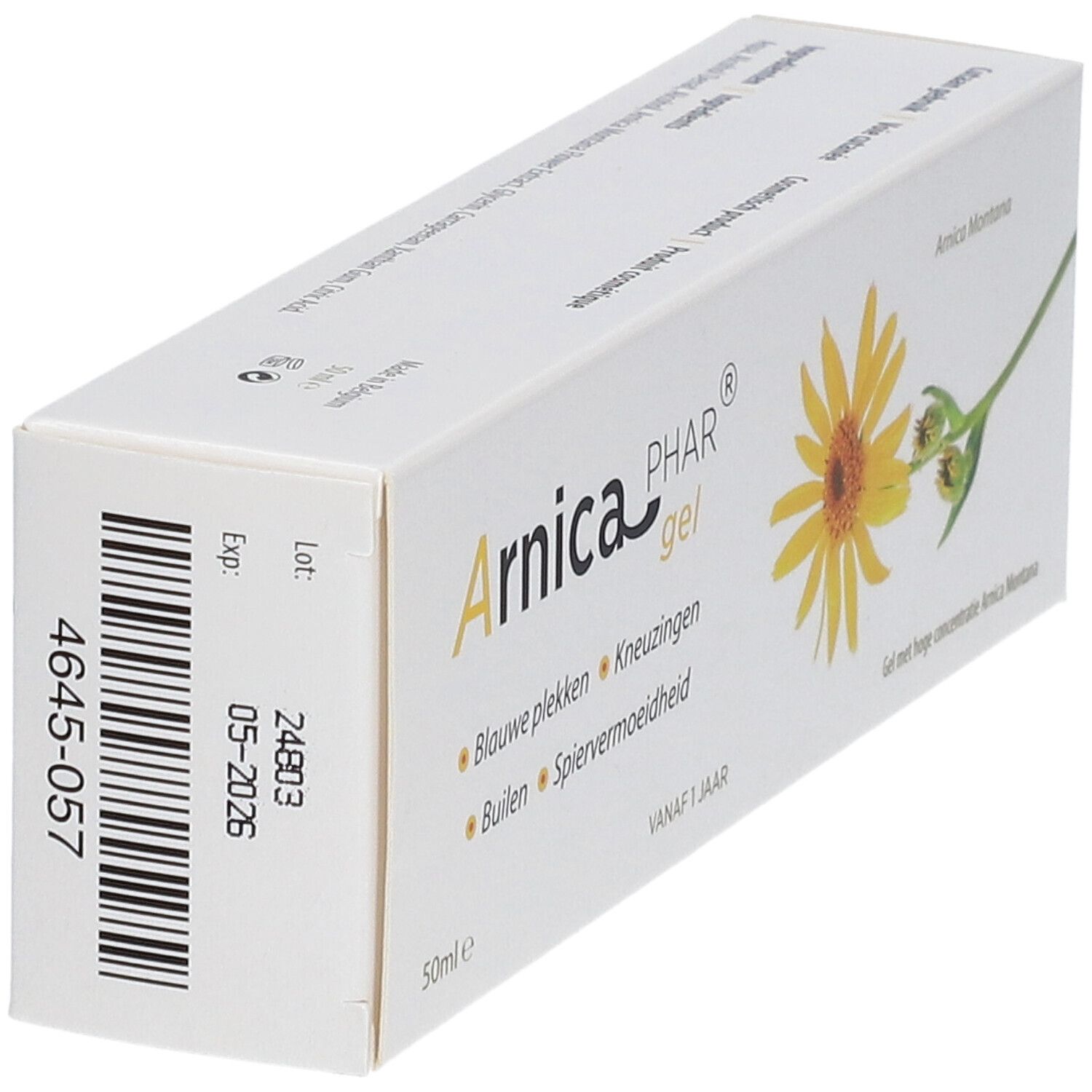 Doos met productnaam en gele bloem. Tekst: Arnica PHAR gel, Blaue plekken, Kneuzingen, Builen, Spiervermoeidheid. Vervaldatum.
