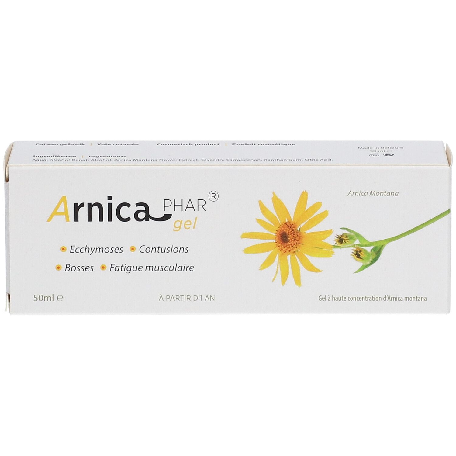 Doos met productnaam en gele bloem. Tekst: Arnica PHAR gel, Ecchymoses, Contusions, Bosses, Fatigue musculaire.