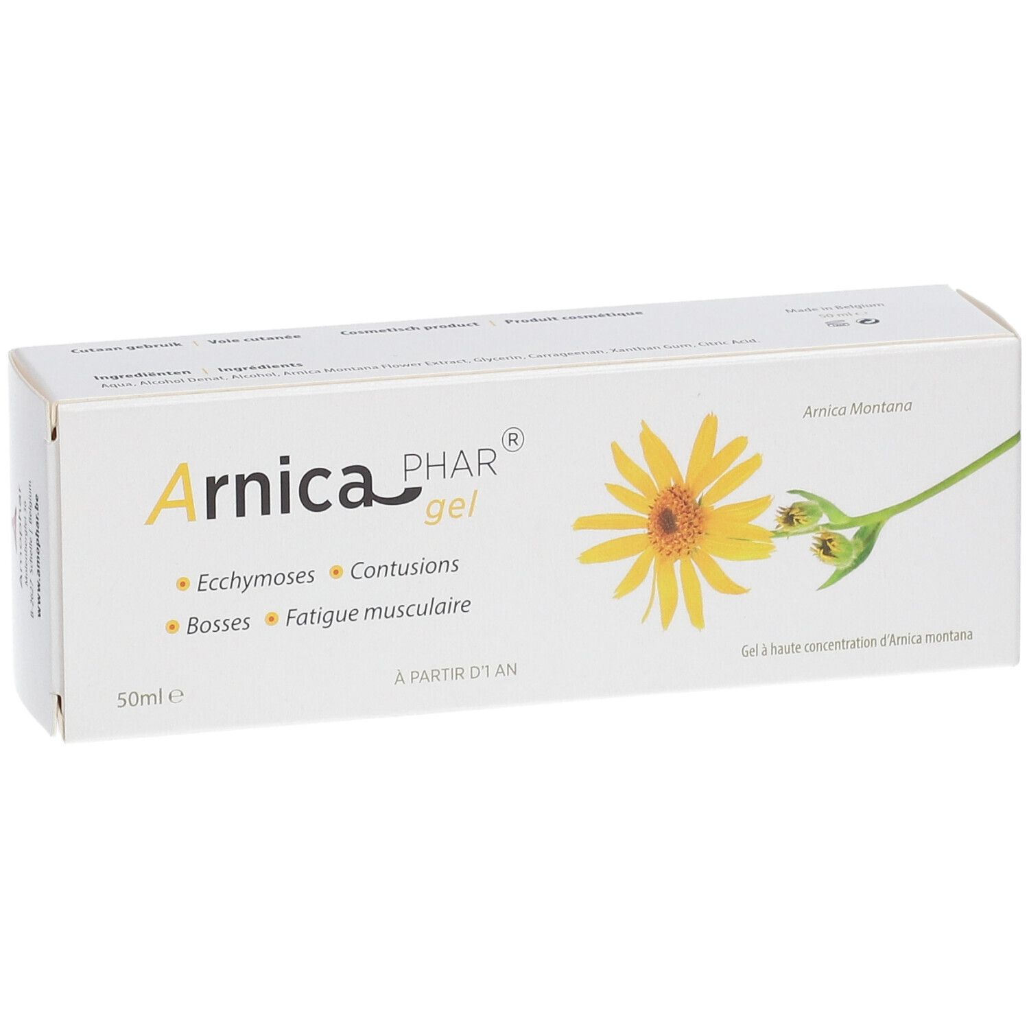 Doos met productnaam en gele bloem. Tekst: Arnica PHAR gel, Ecchymoses, Contusions, Bosses, Fatigue musculaire.