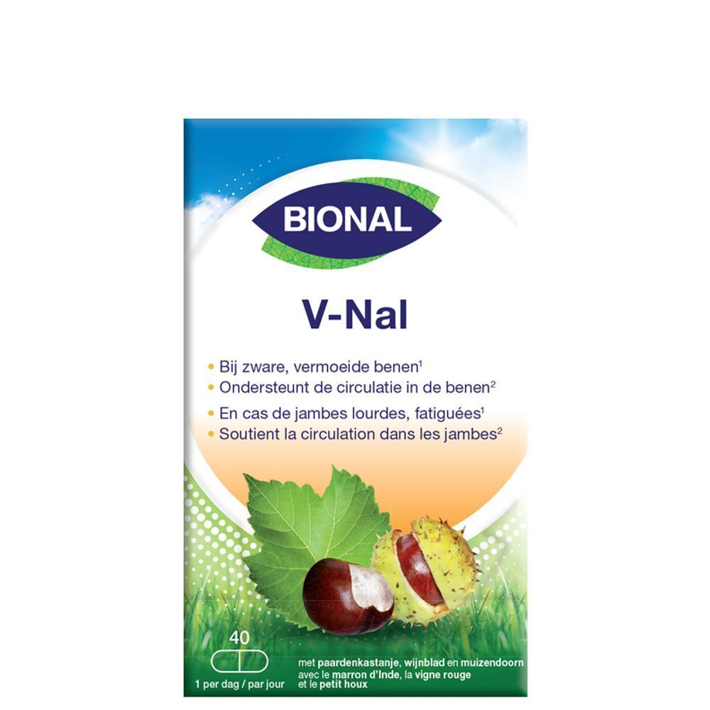 Verpakking van Bional V-Nal®. Productnaam, beschrijving en 40 capsules. Groene achtergrond.