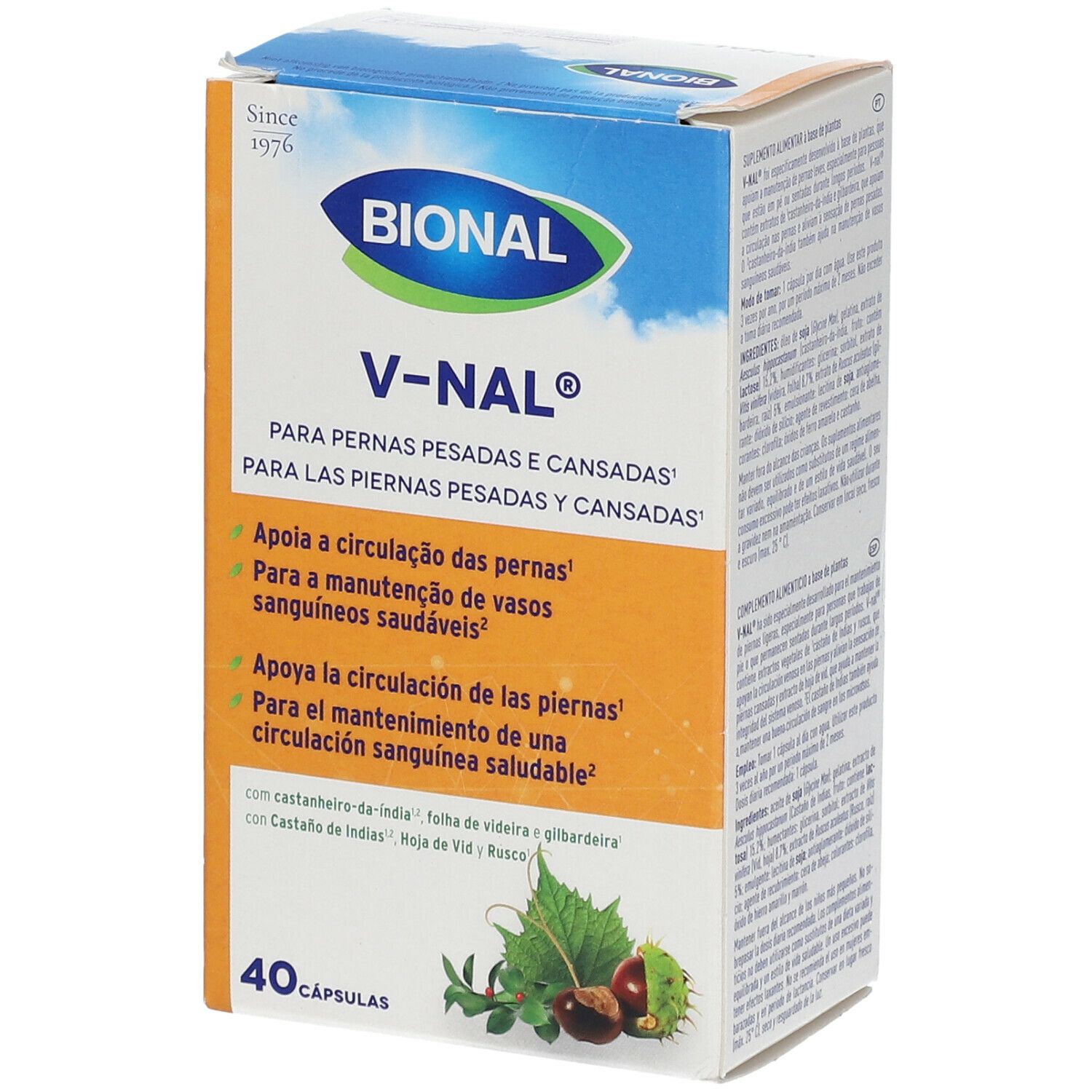 Verpakking van Bional V-Nal®. Oranje achtergrond met productinfo en 40 capsules.