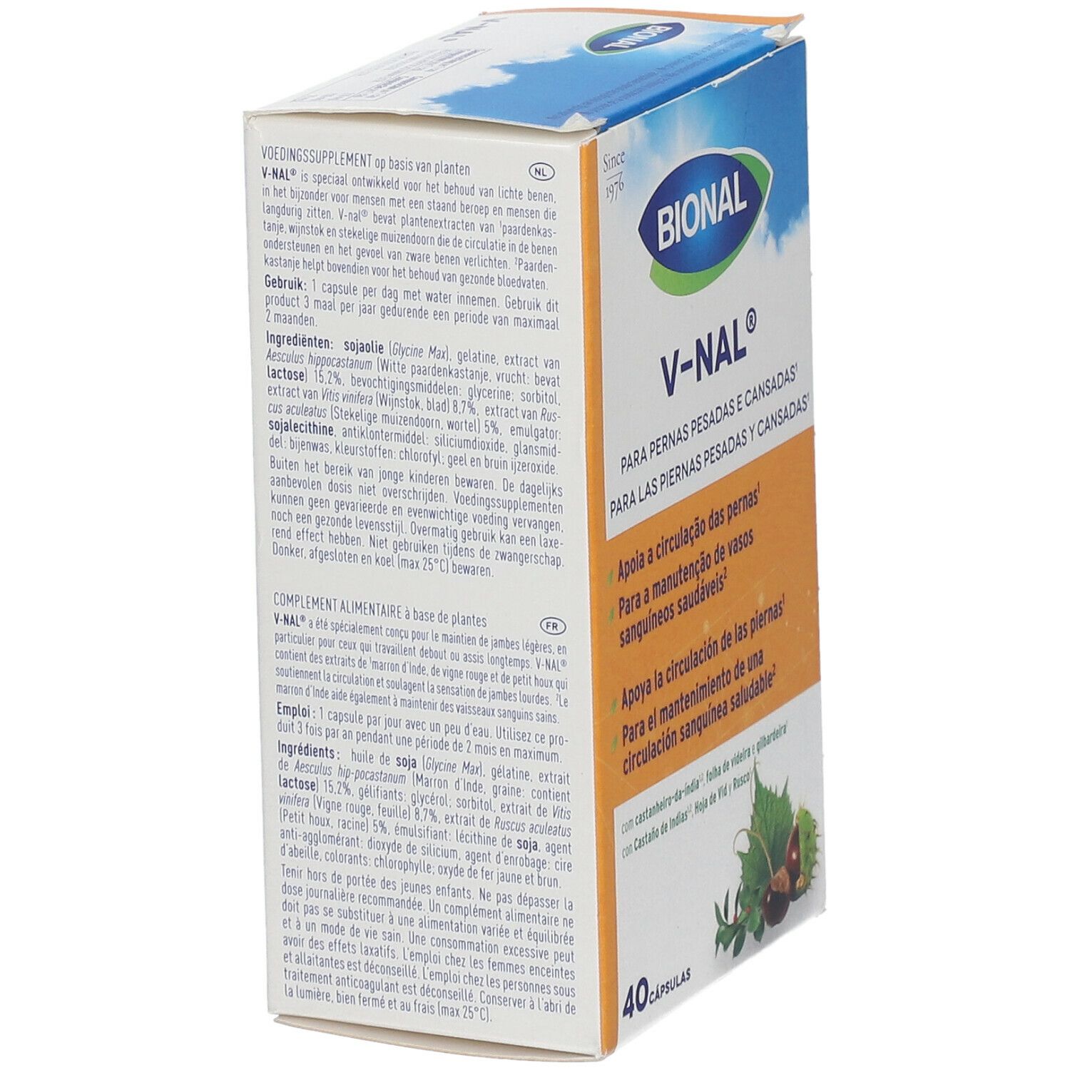 Zijkant van de verpakking van Bional V-Nal®. Bevat productinfo en ingrediëntenlijst.