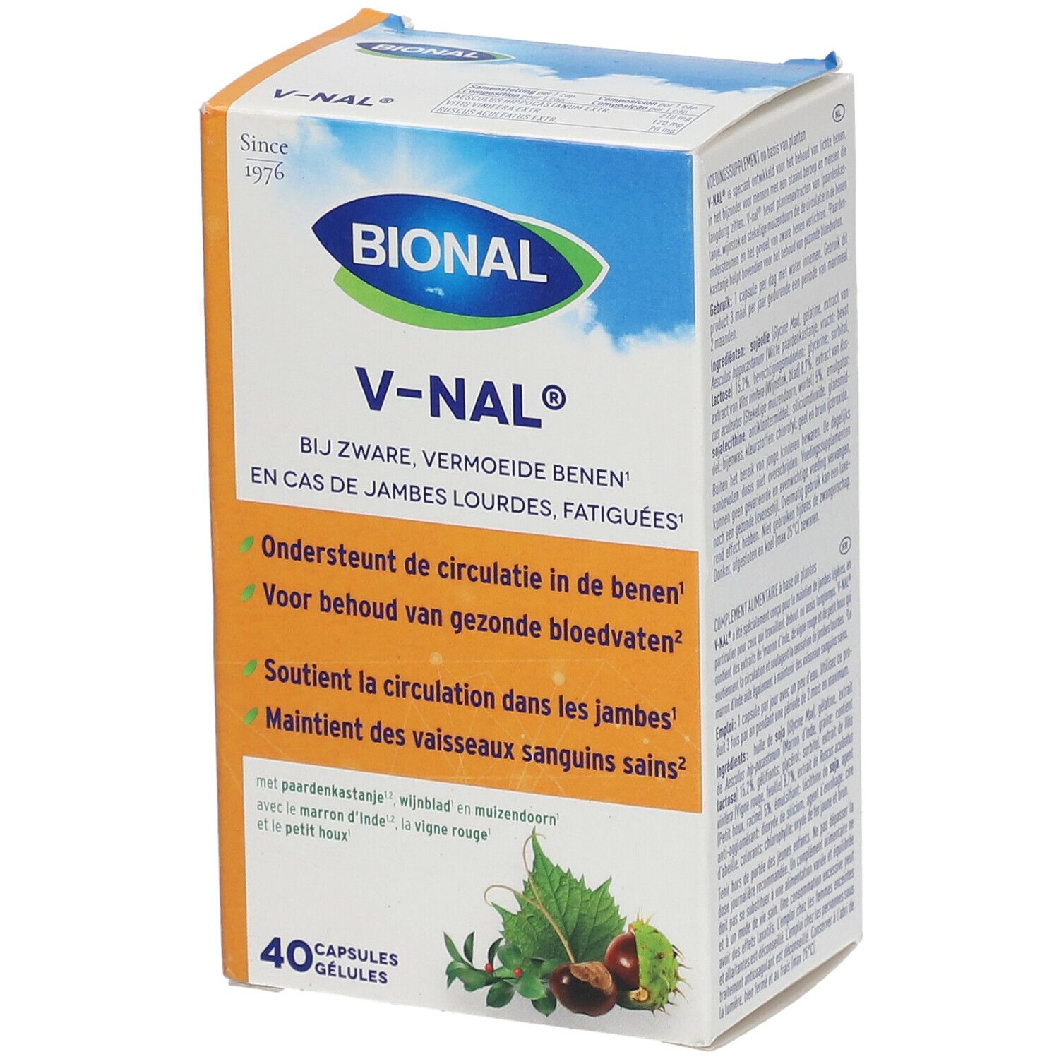 Verpakking van Bional V-Nal®. Productnaam, beschrijving en 40 capsules. Oranje achtergrond.