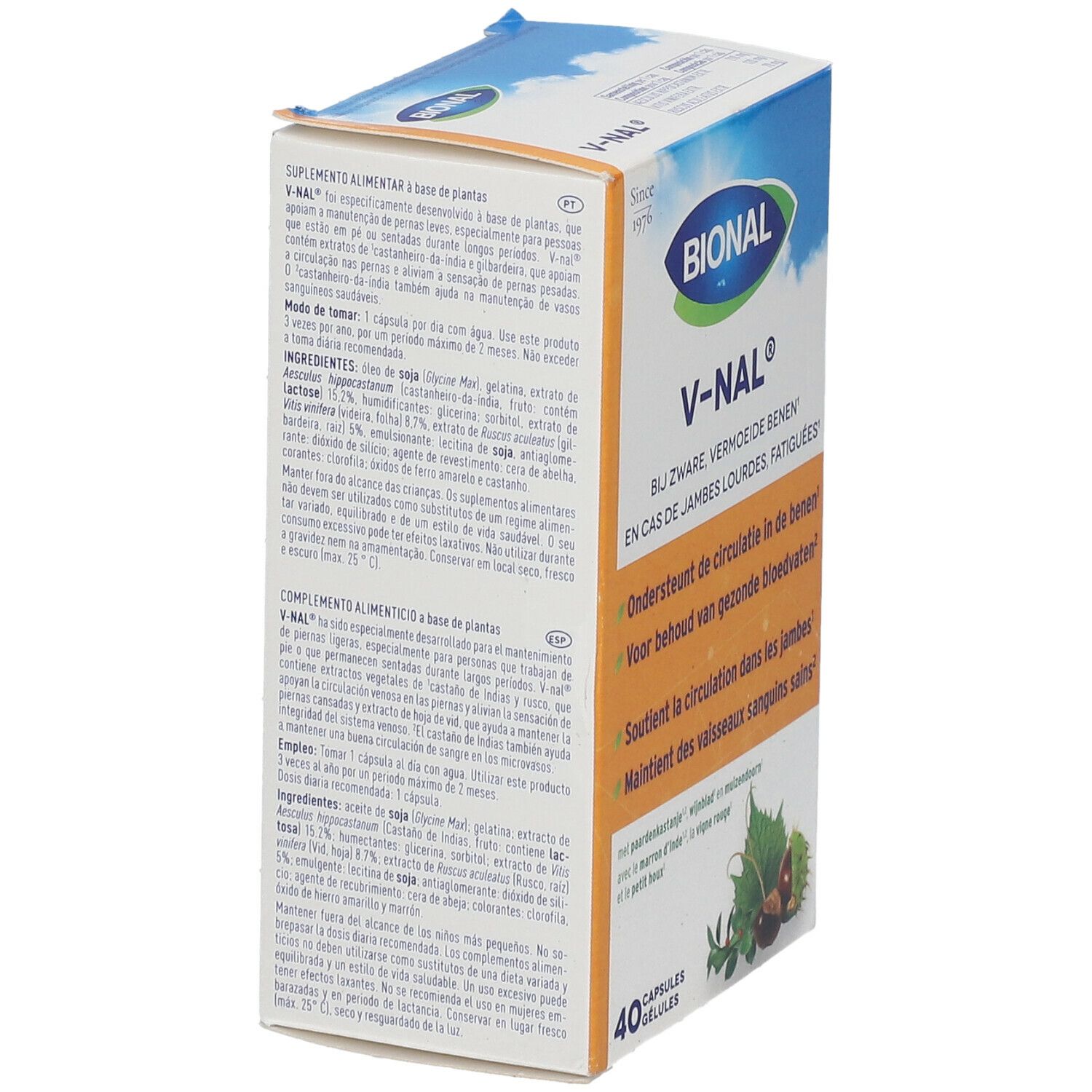 Zijkant van de verpakking van Bional V-Nal®. Bevat productinfo en ingrediëntenlijst.