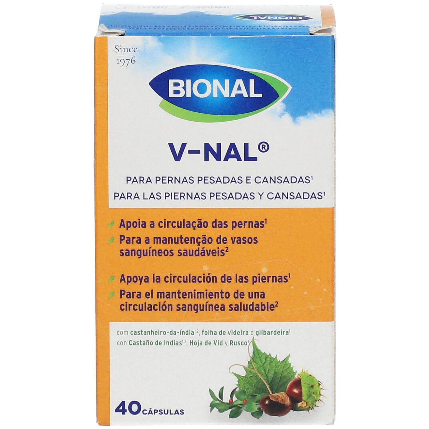 Verpakking van Bional V-Nal®. Productnaam, beschrijving en 40 capsules. Oranje achtergrond.