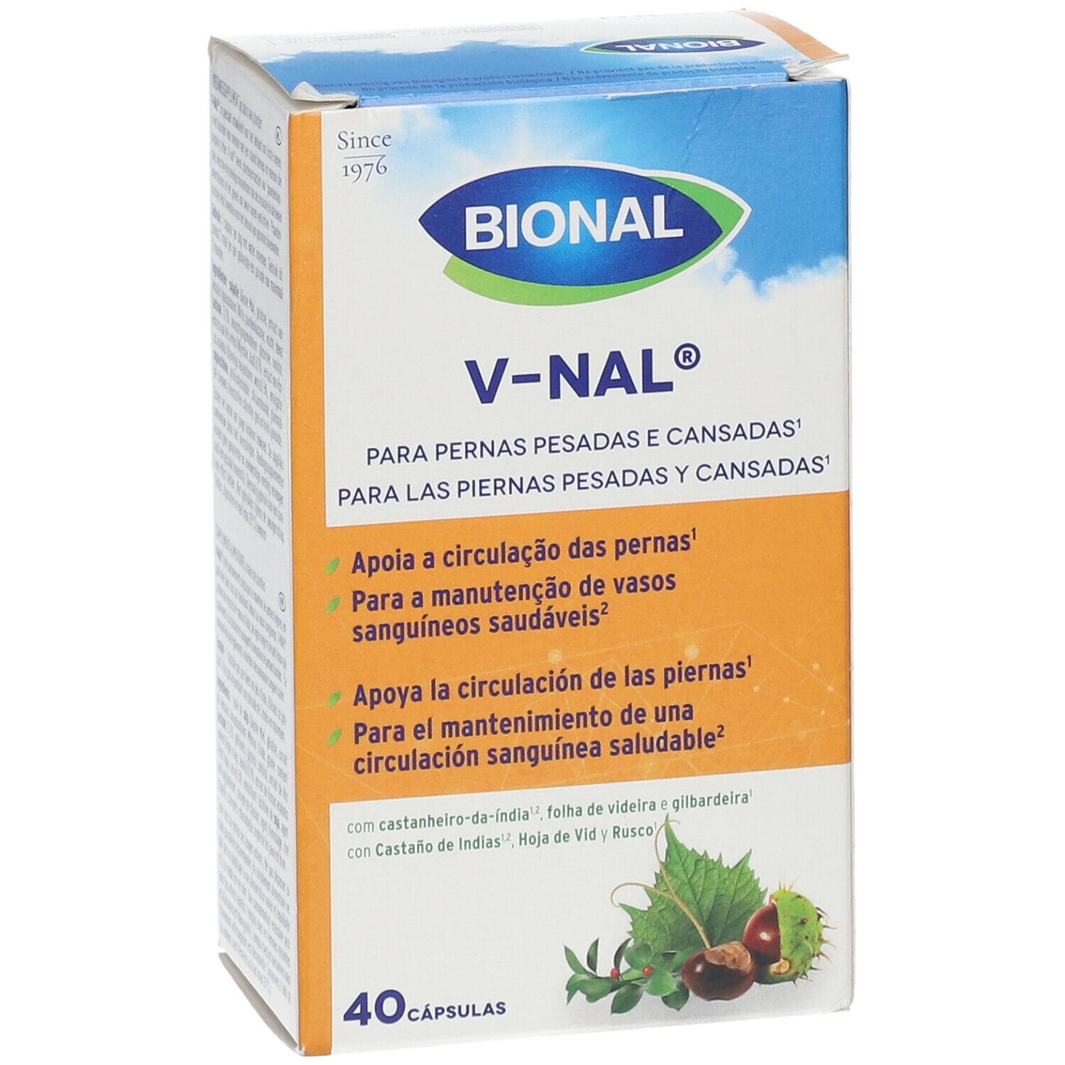 Verpakking van Bional V-Nal®. Productnaam, beschrijving en 40 capsules. Oranje achtergrond.