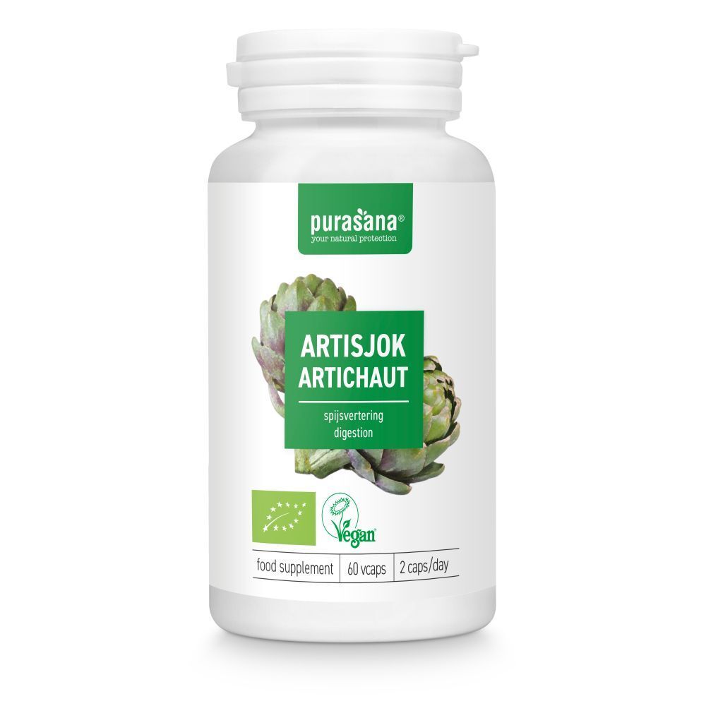Flacon blanc de gélules. Inscription : ARTISJOK ARTICHAUT, vegan, 60 gélules, 2 par jour. Marque : Purasana.