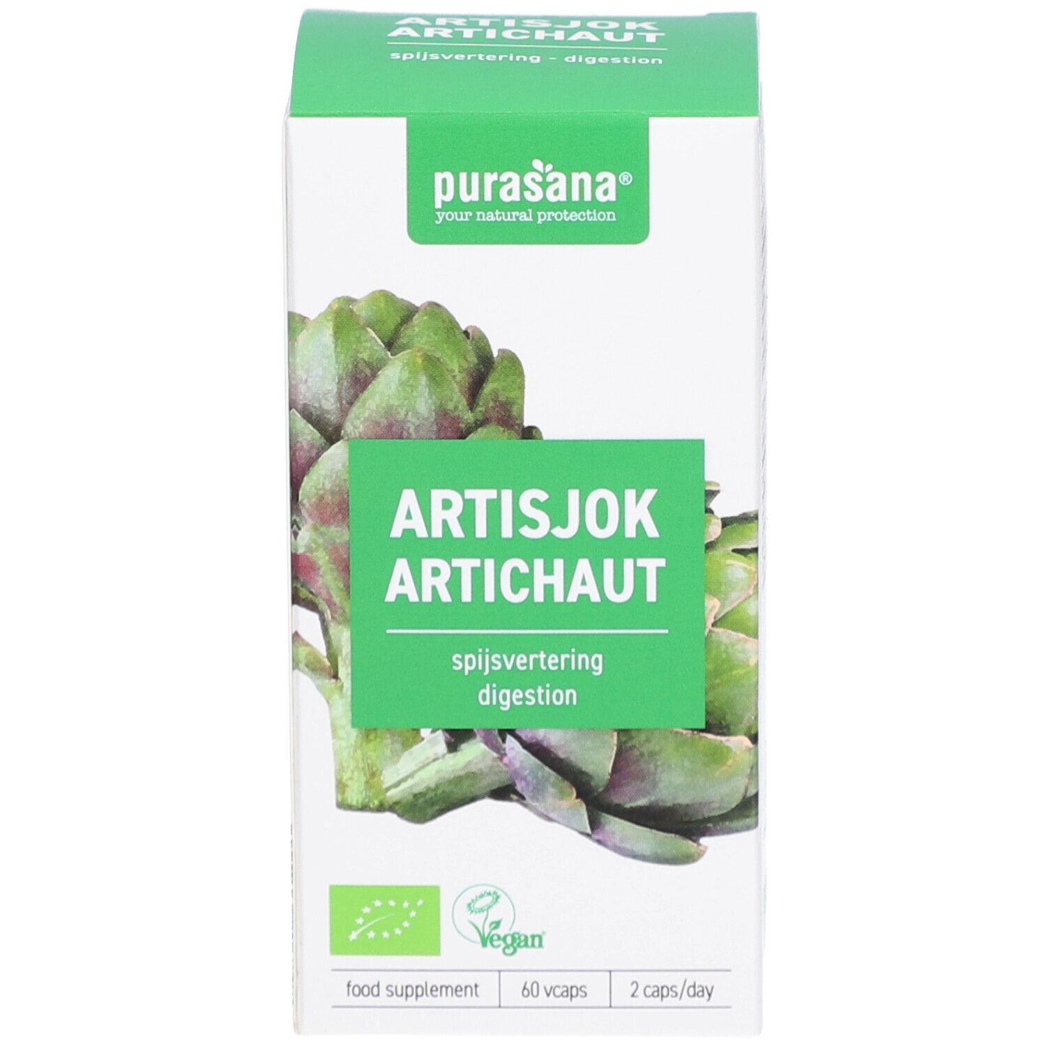 Emballage du produit. Inscription : ARTISJOK ARTICHAUT, vegan, 60 gélules, 2 par jour. Marque : Purasana.