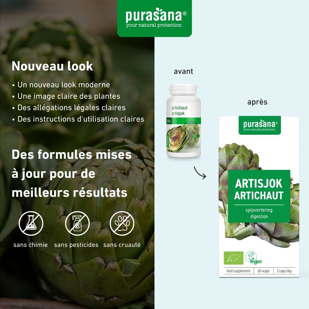 Flacon blanc de gélules. Inscription : ARTISJOK ARTICHAUT, vegan, 60 gélules, 2 par jour. Marque : Purasana.