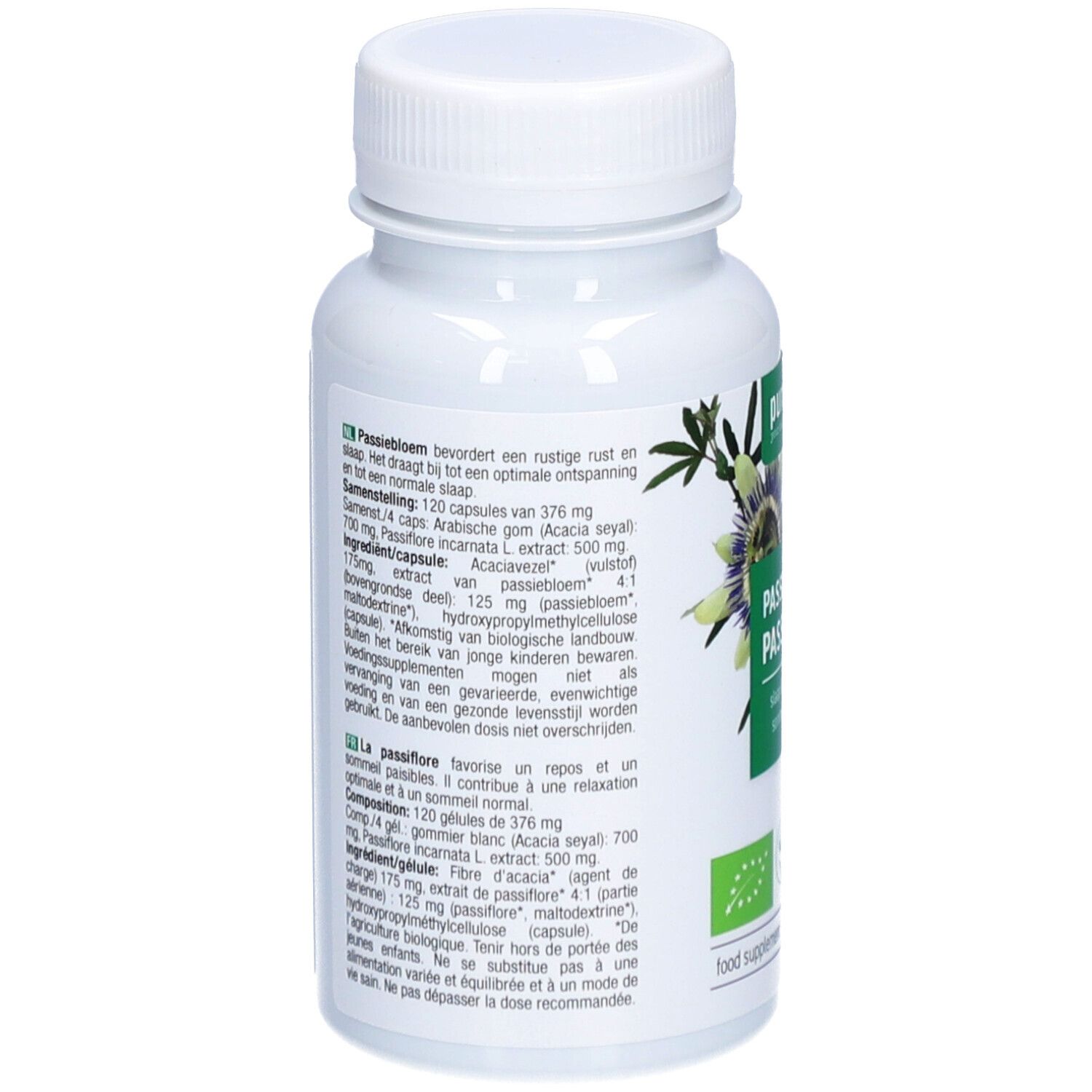 Dos du flacon avec texte. Liste des ingrédients, dosage et autres informations. Label végan.