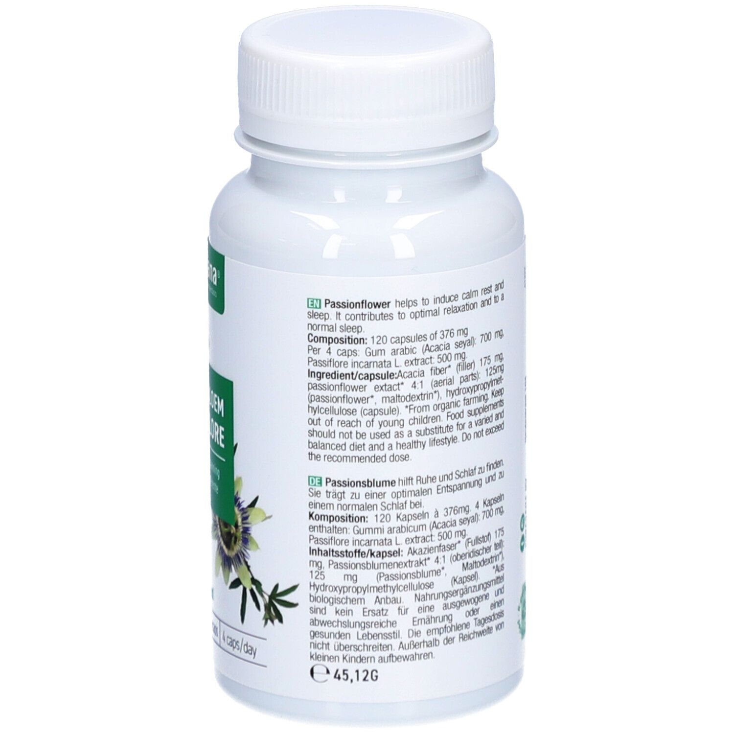 Dos du flacon avec texte. Ingrédients, dosage et autres informations. Label végan.